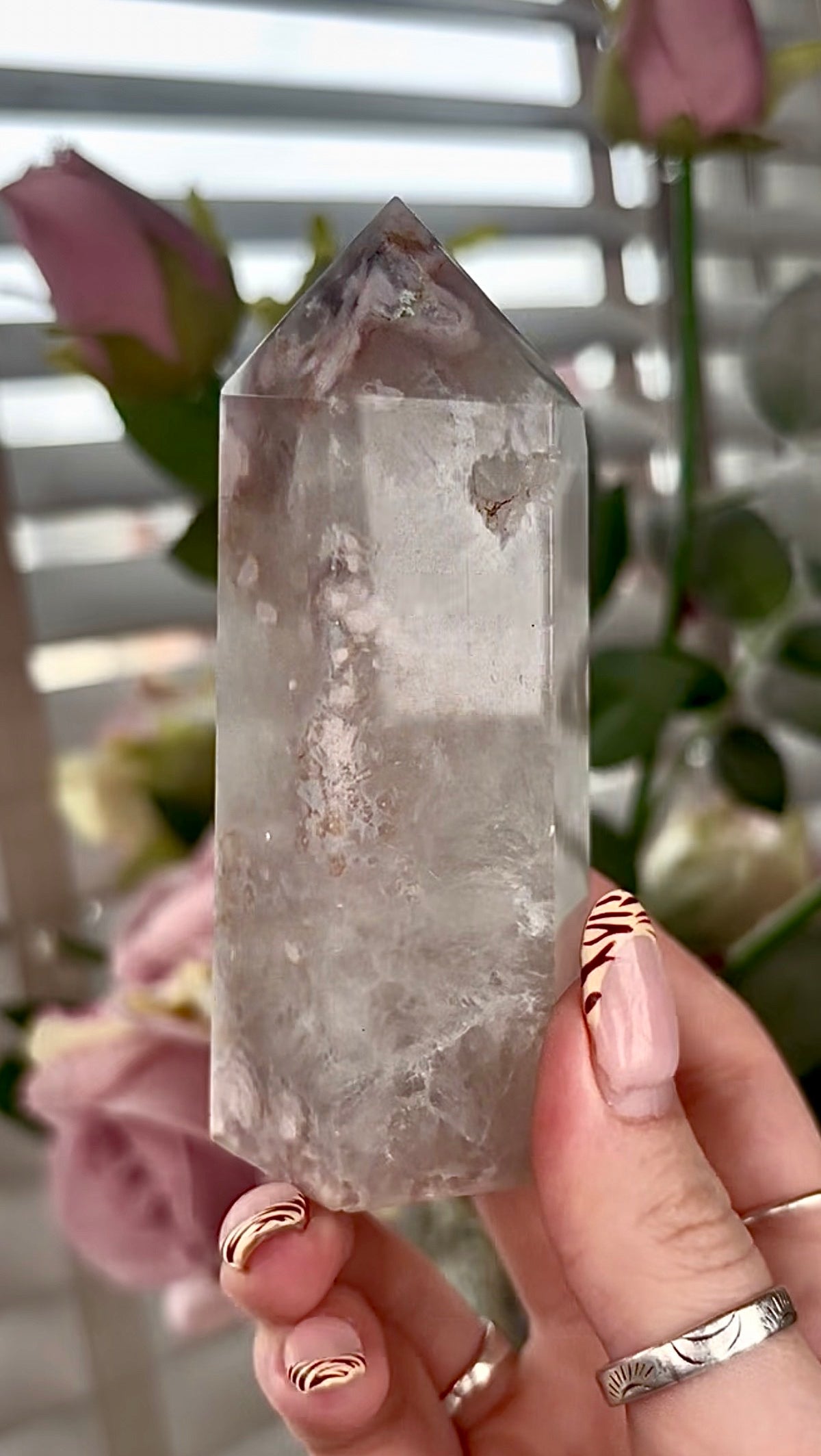 Stunning!! Super high quality, Druzy, green chlorite x blue flower agate tower