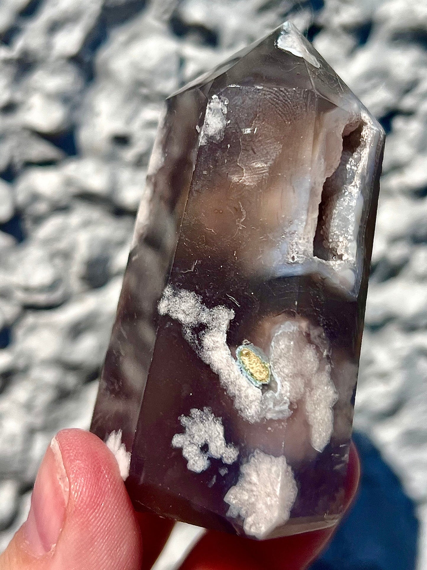black flower agate tower with druzy cave