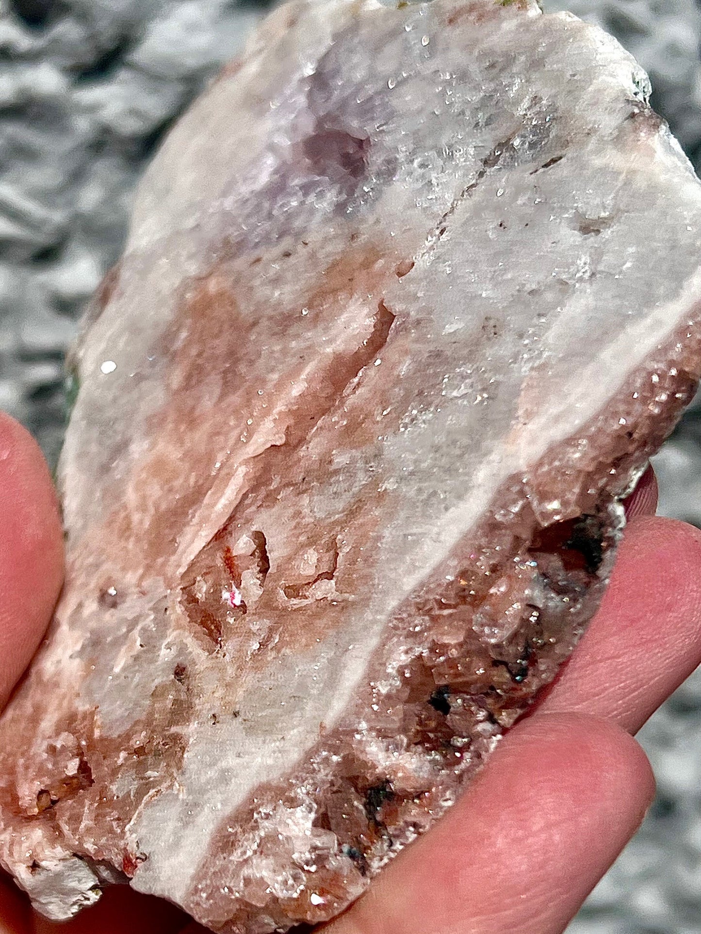 high quality pink amethyst slab with peach and purple tones and rutile formations