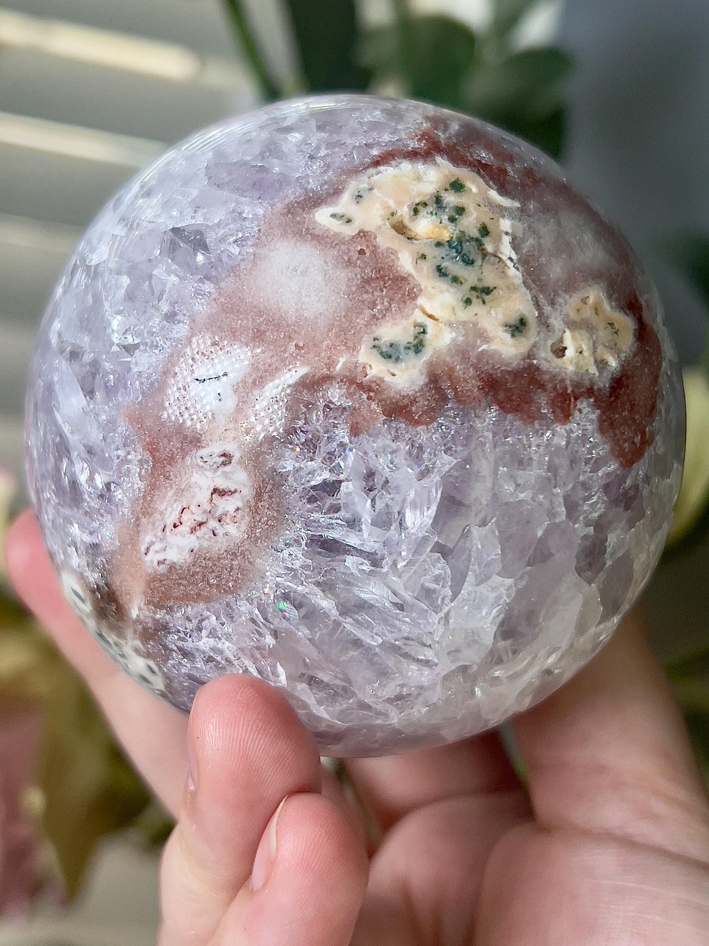 high grade, gorgeous pink amethyst sphere, with incredible quartz druzy