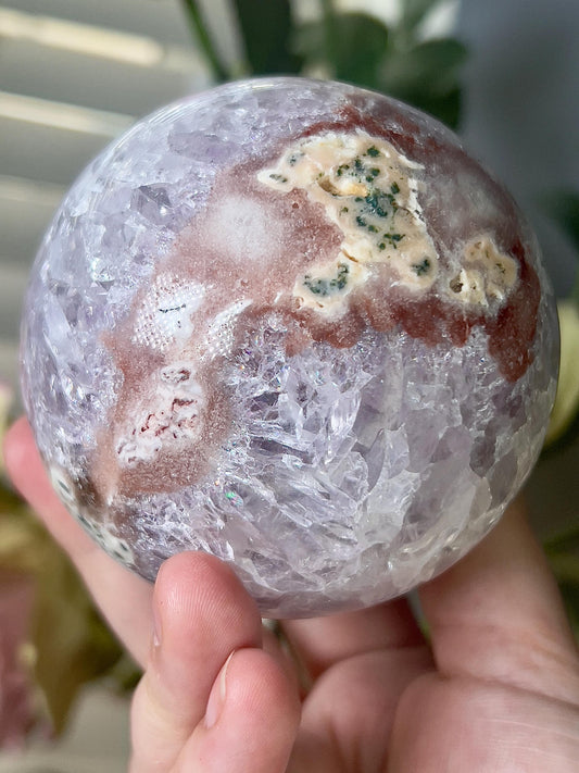 high grade, gorgeous pink amethyst sphere, with incredible quartz druzy
