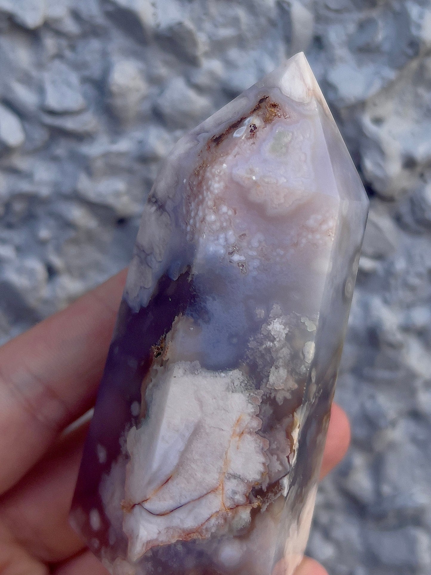 black flower agate tower with pink amethyst