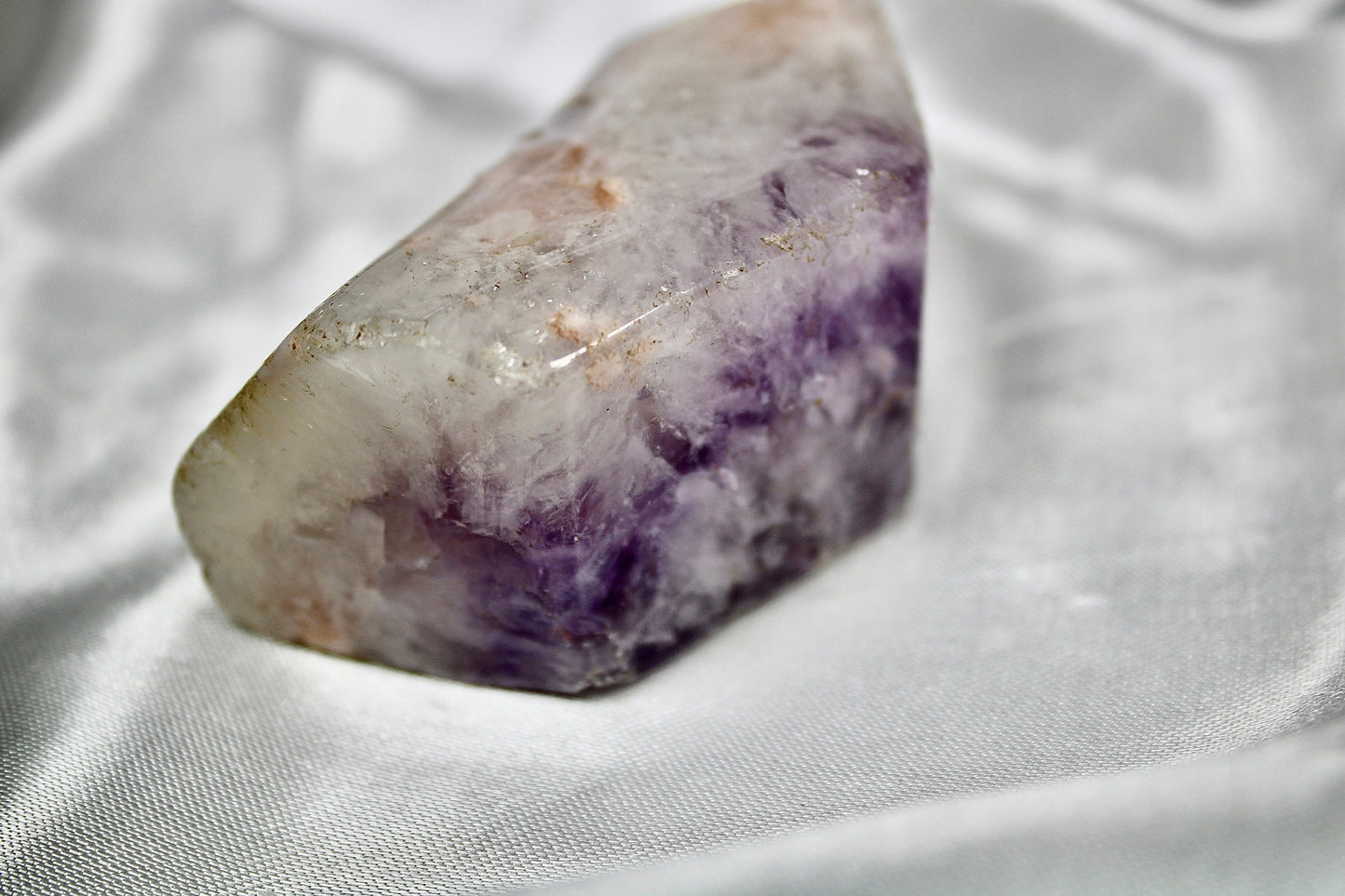 Polished, amethyst x flower agate freeform with crackle quartz 203g 8cm by 5cm