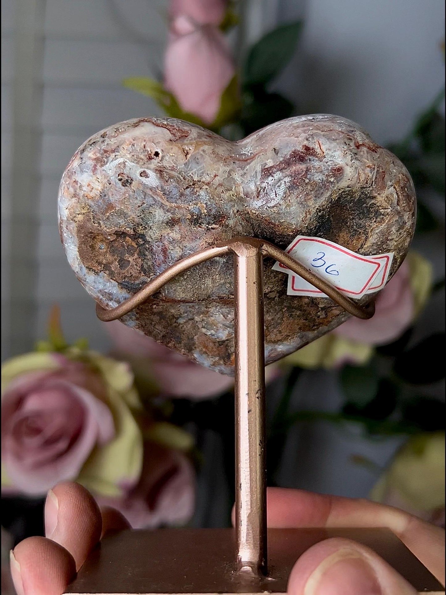 Pink amethyst heart with a high clarity quartz with stand