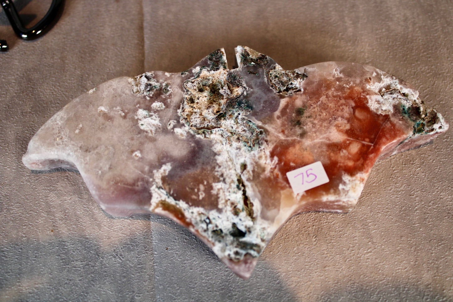 Stunning, high quality, multi coloured, pink amethyst bat carving 340g 15cm(W) 9cm(H)