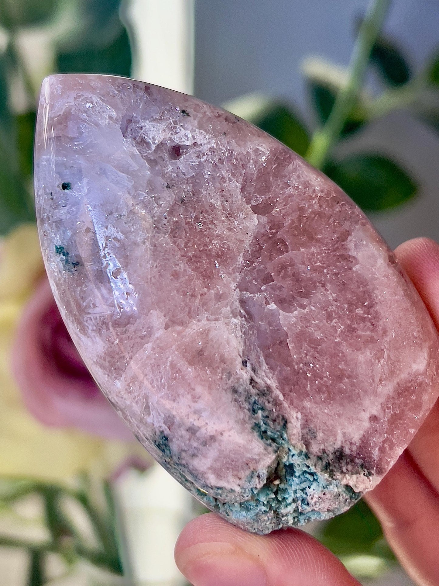 High grade, pink amethyst flame with green jasper