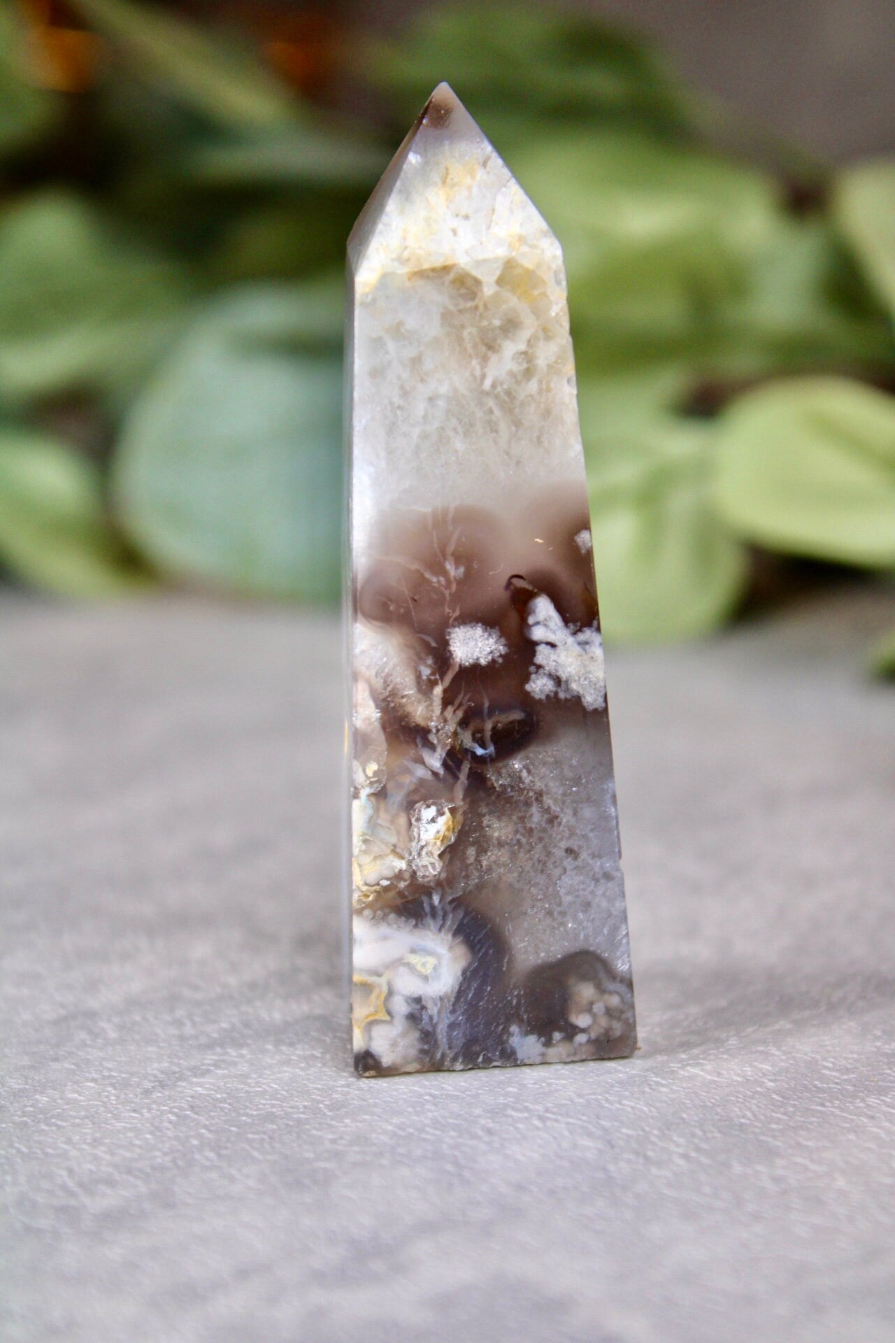 Gorgeous green chlorite tower x black flower agate