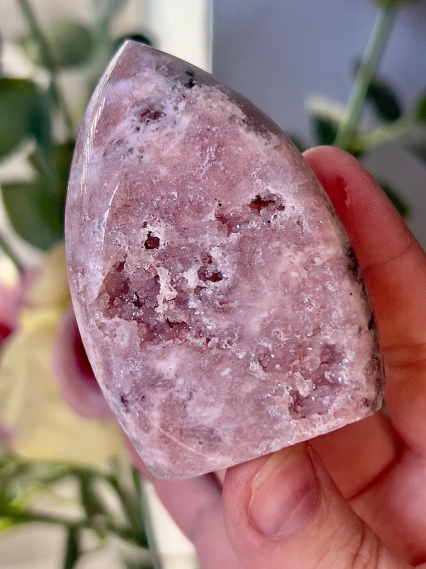 High grade, pink amethyst flame with green jasper