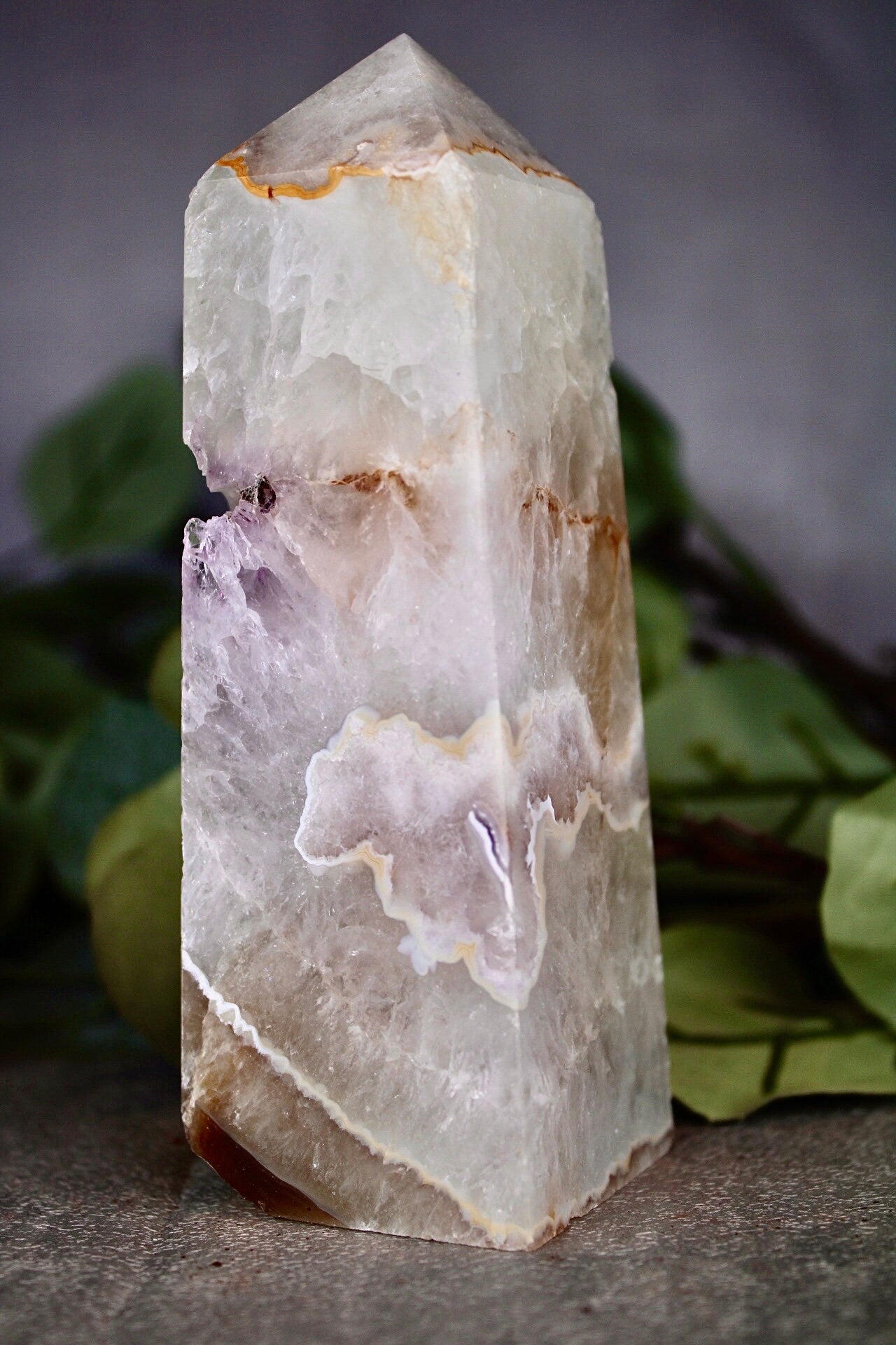Pink amethyst agate, 4 sided tower with lavender Druze