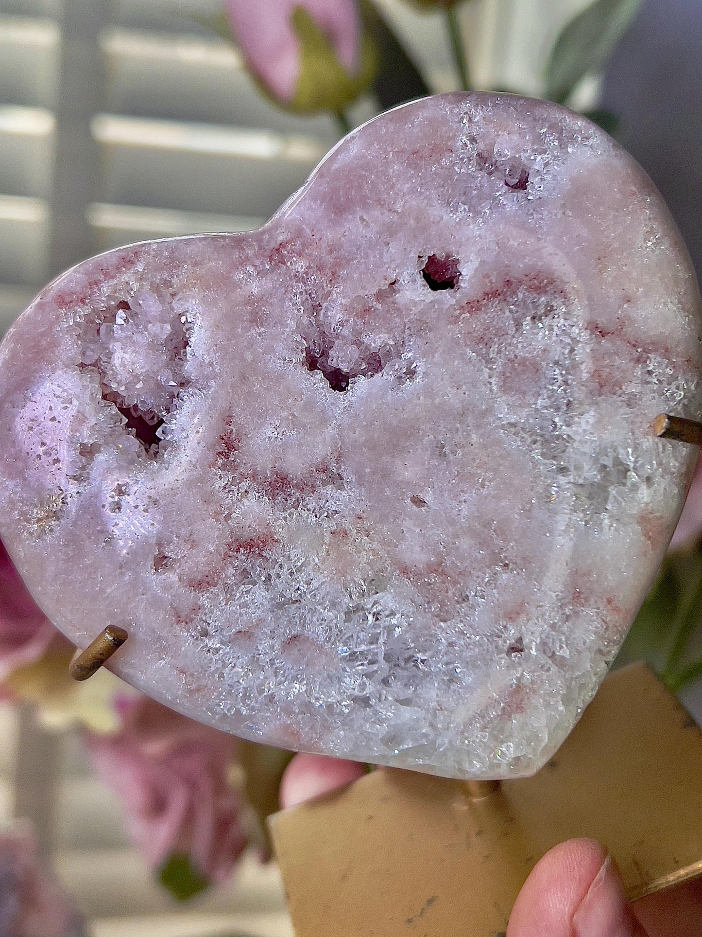 Pink amethyst heart with quartz druzy and stand which has scratches (discount added) can easily be repainted