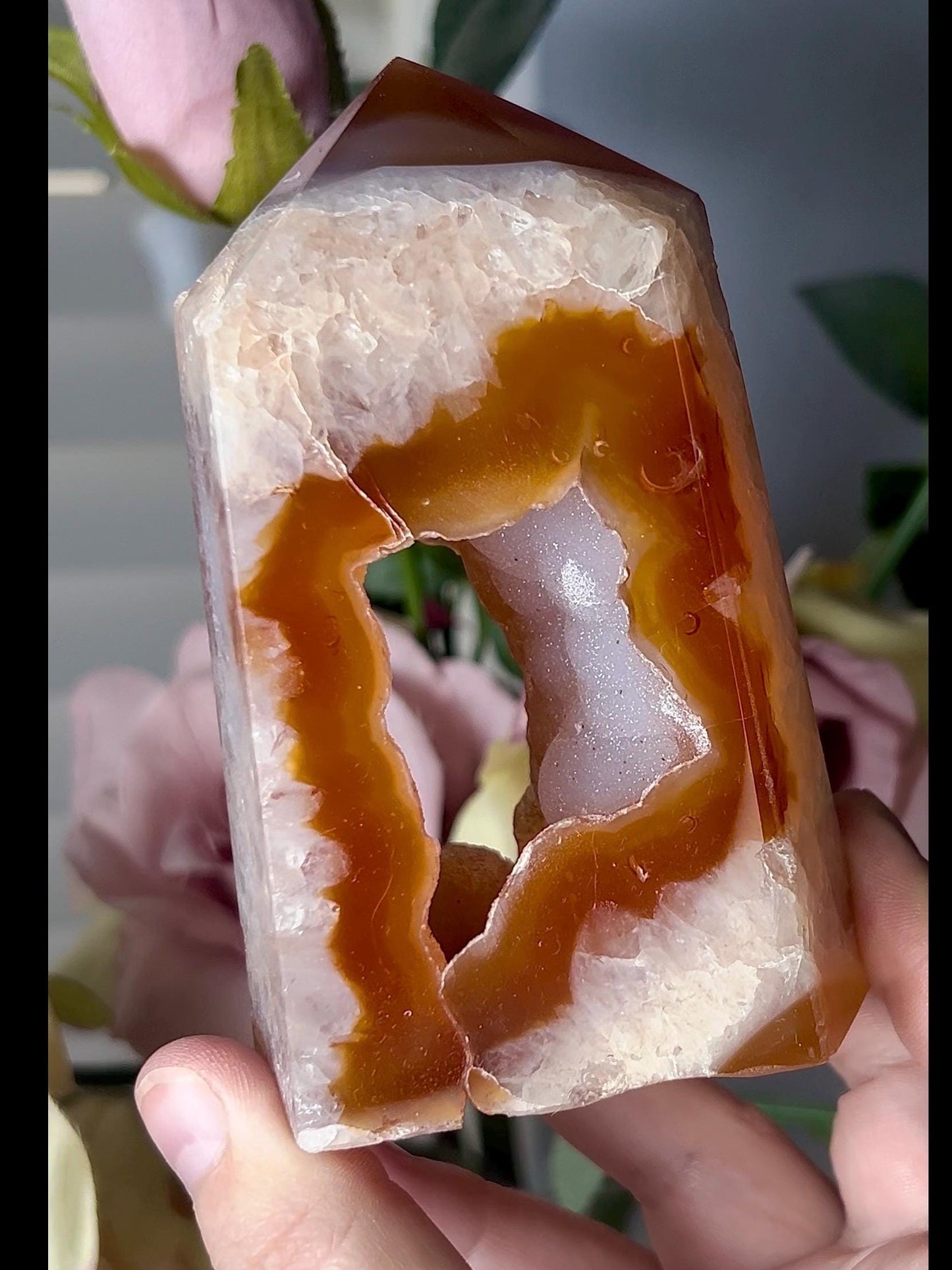 Extra quality, chinky red agate, carnelian tower with quartz & sugar druzy portal, cave