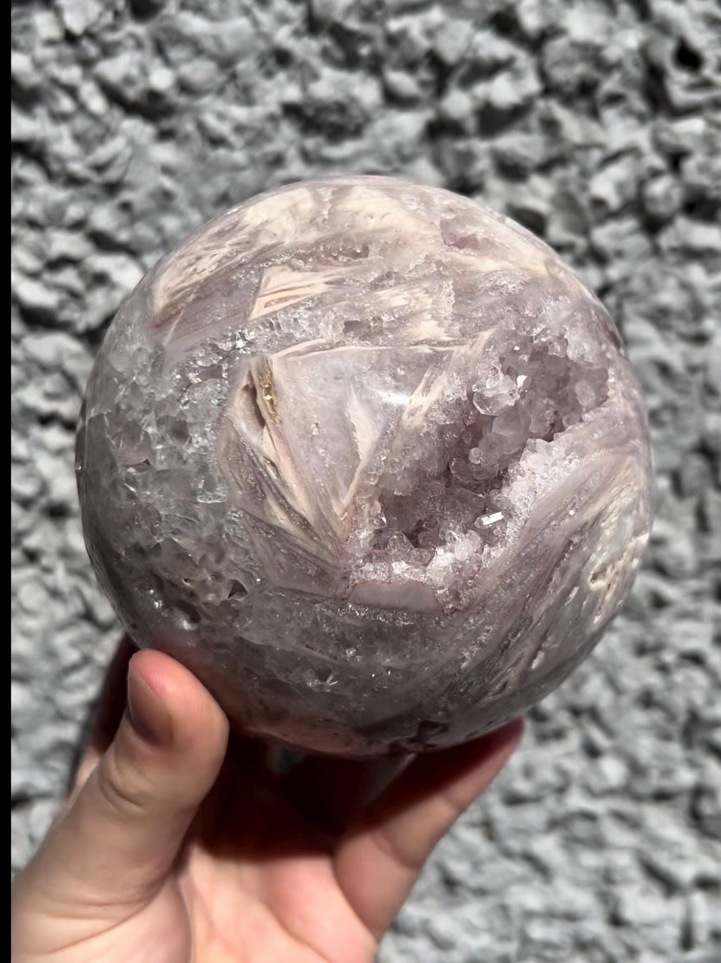 large, statement pink amethyst sphere with rutile formations in lilac tones over 1kg
