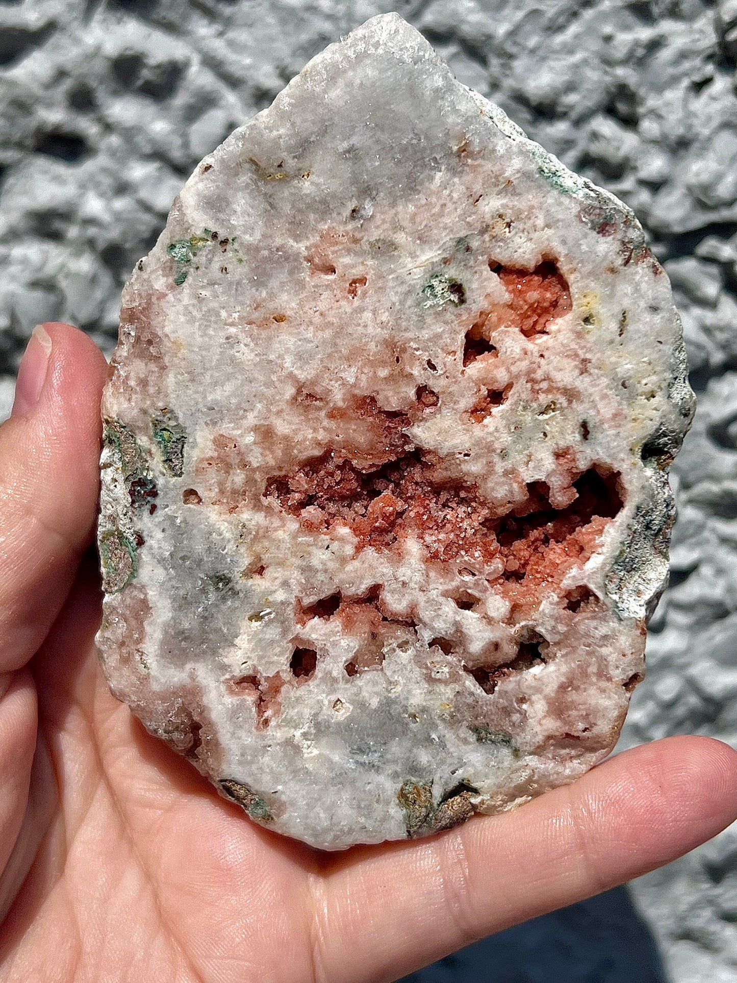 high quality, pink amethyst slab with vibrant red sugar druzy