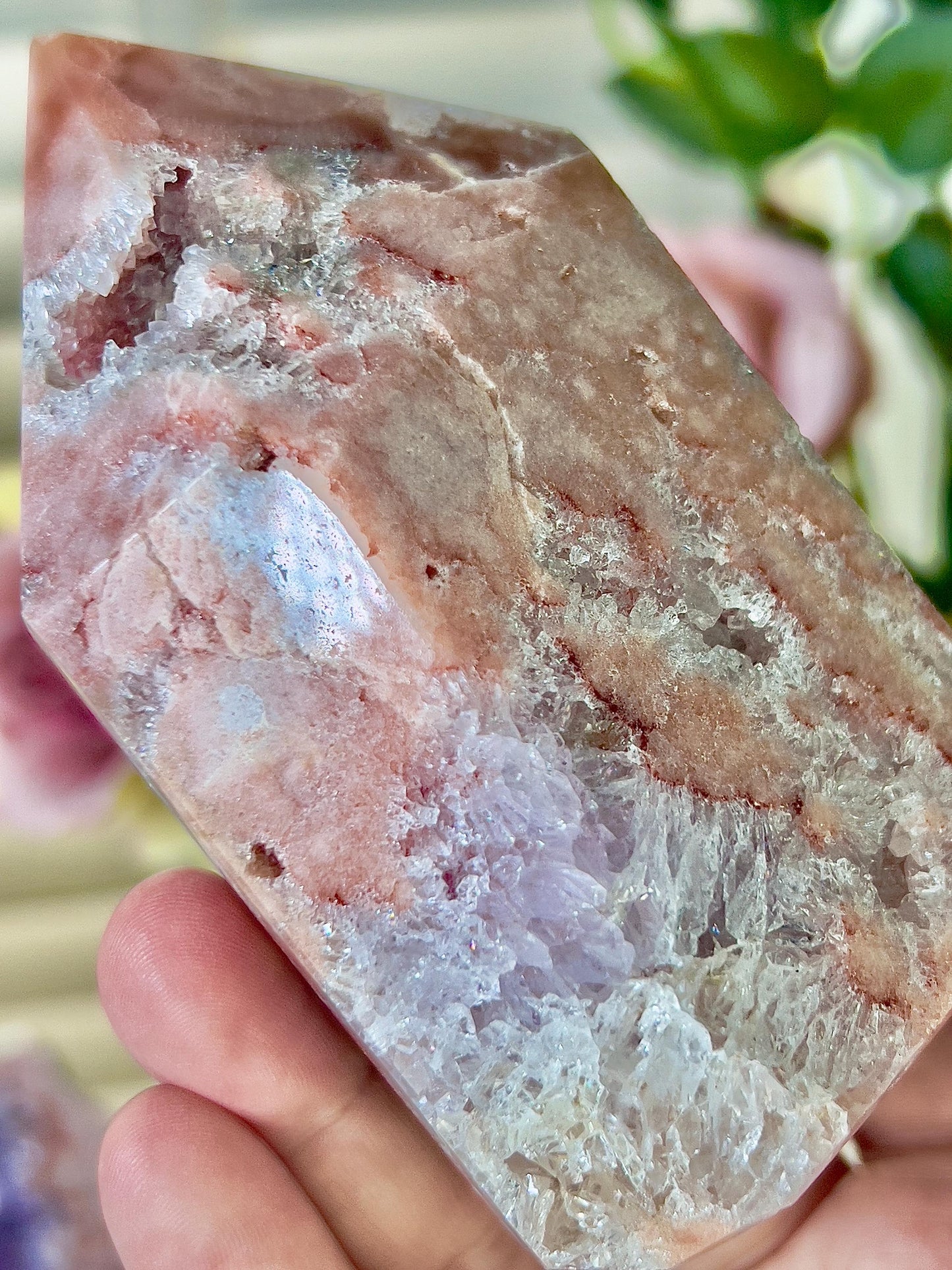 High quality, druzy, peach toned, pink amethyst tower with quartz 360g 10cm(h) 5.5cm(w)