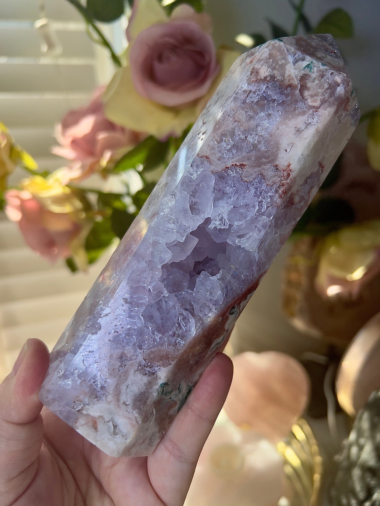 High grade, pink amethyst tower with purple quartz