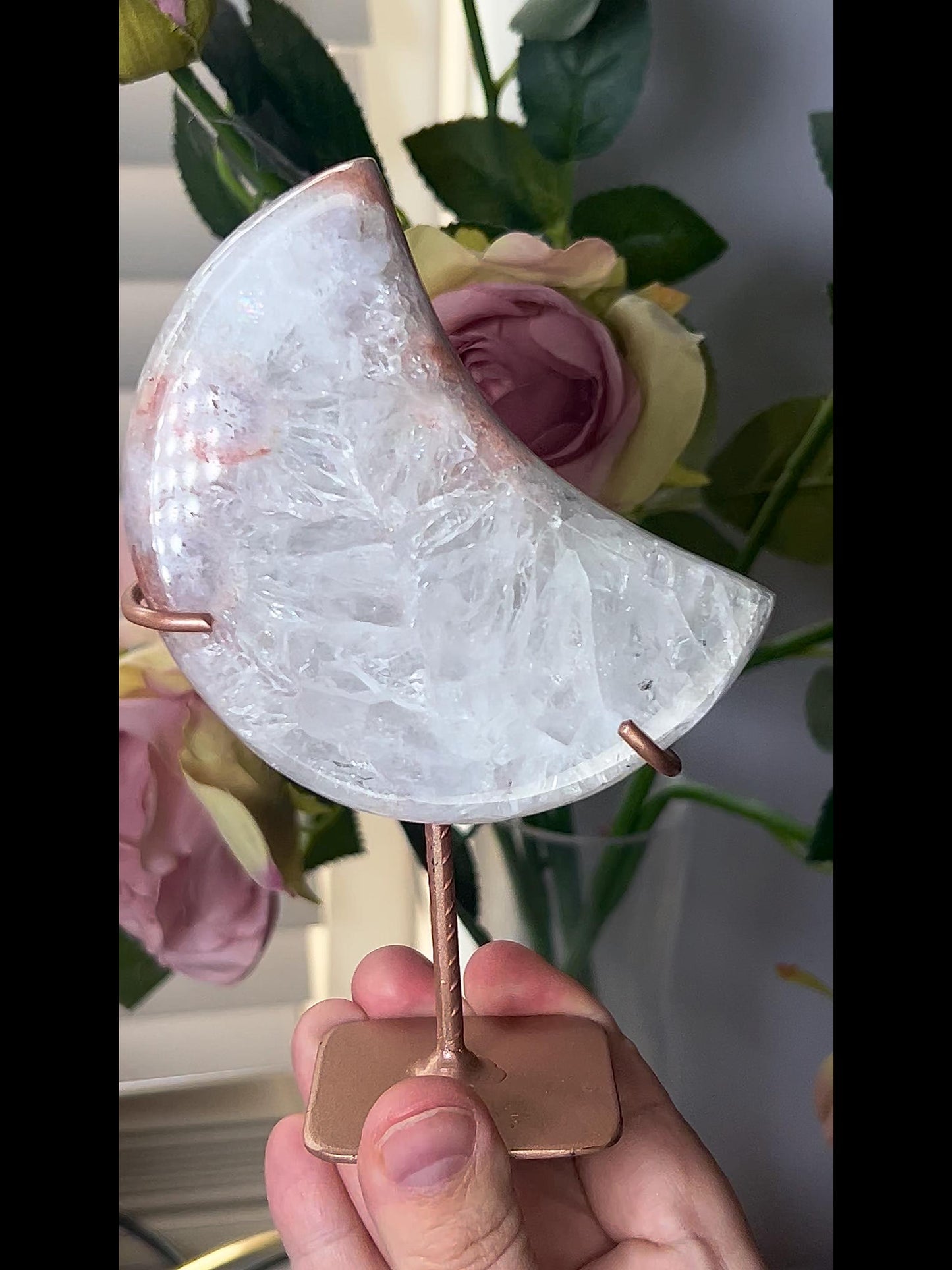 High grade, pink amethyst moon with covered in mostly rainbow quartz 420g