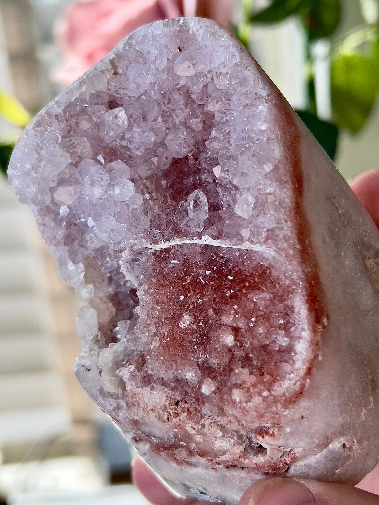 high grade, pink amethyst Freeform with high clarity quartz & red sugar druzy