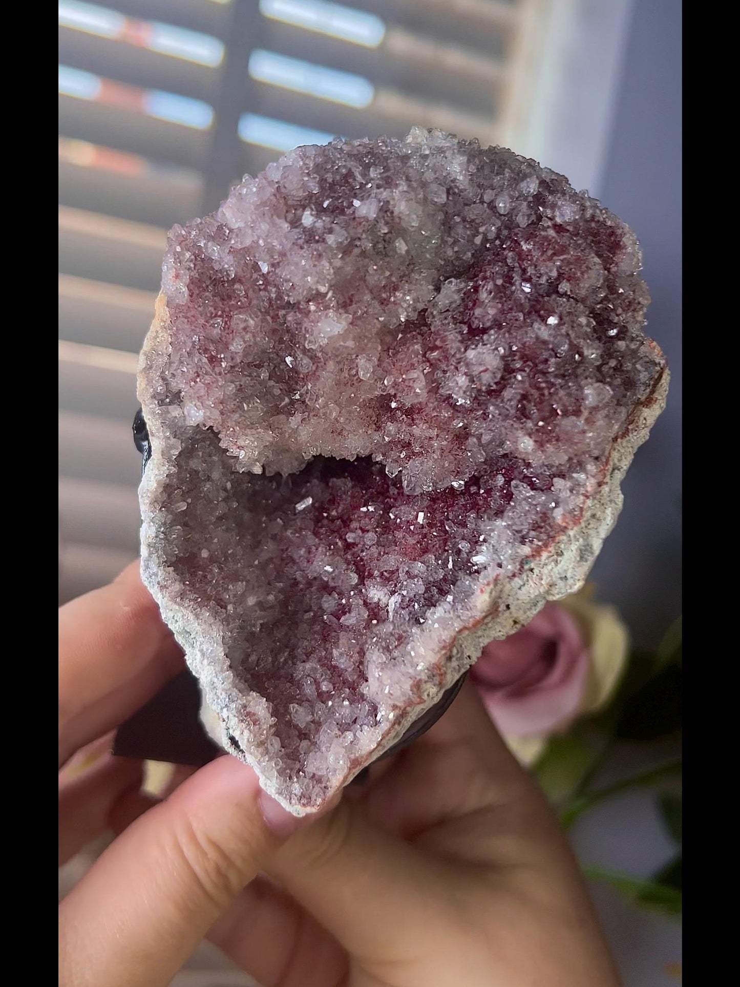 high grade, pink amethyst geode with red and pink toned sugar druzy stand