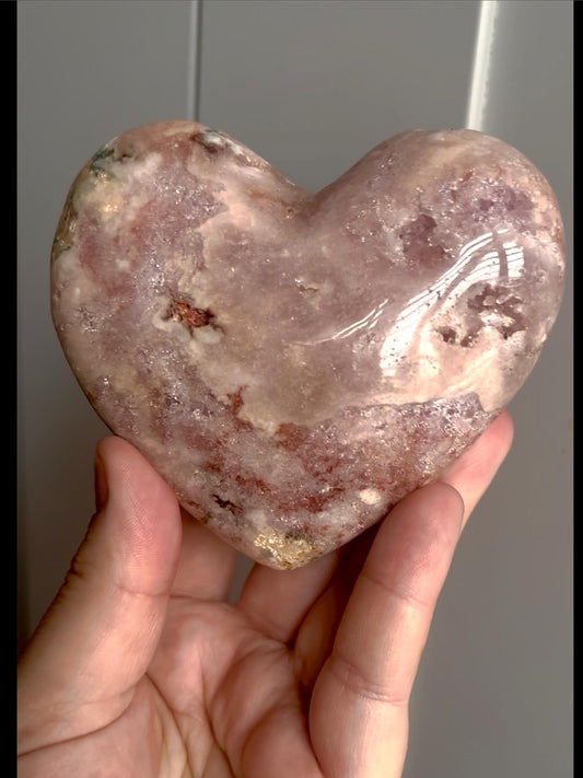 Perfect pink, polished, pink amethyst heart with jasper