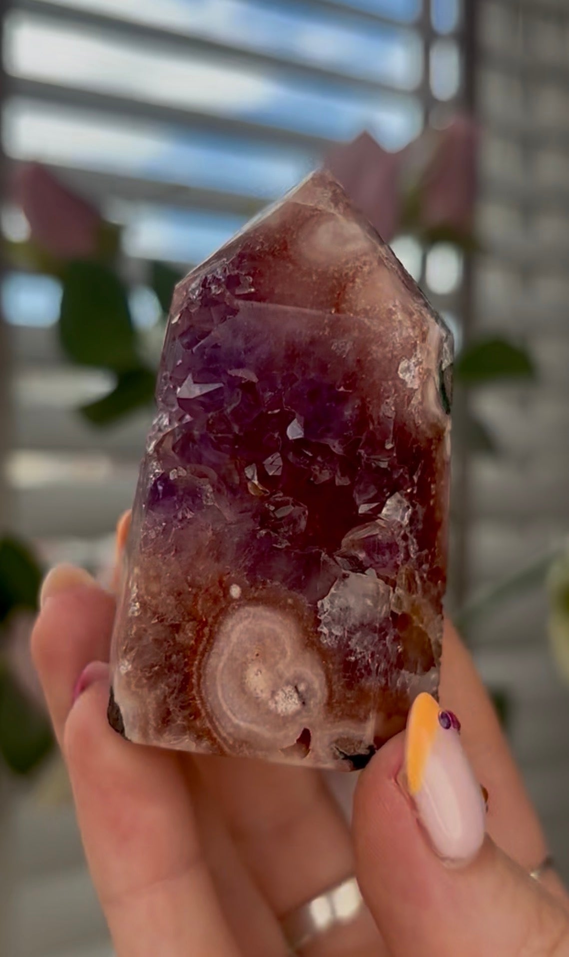 Beautiful, high quality, Pink amethyst tower with purple druzy & green jasper 6.8cm by 4cm