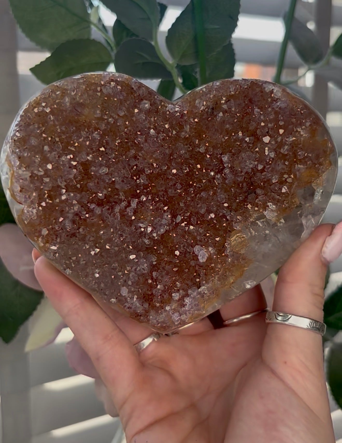 Uruguay, rainbow amethyst heart - comes with stand in orange no tones