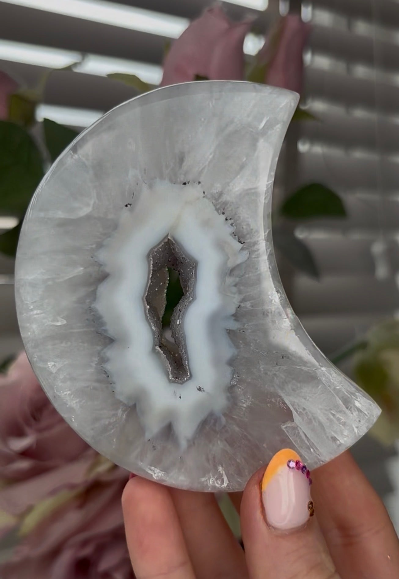 Beautiful, high grade, agate moon with druzy - comes with stand