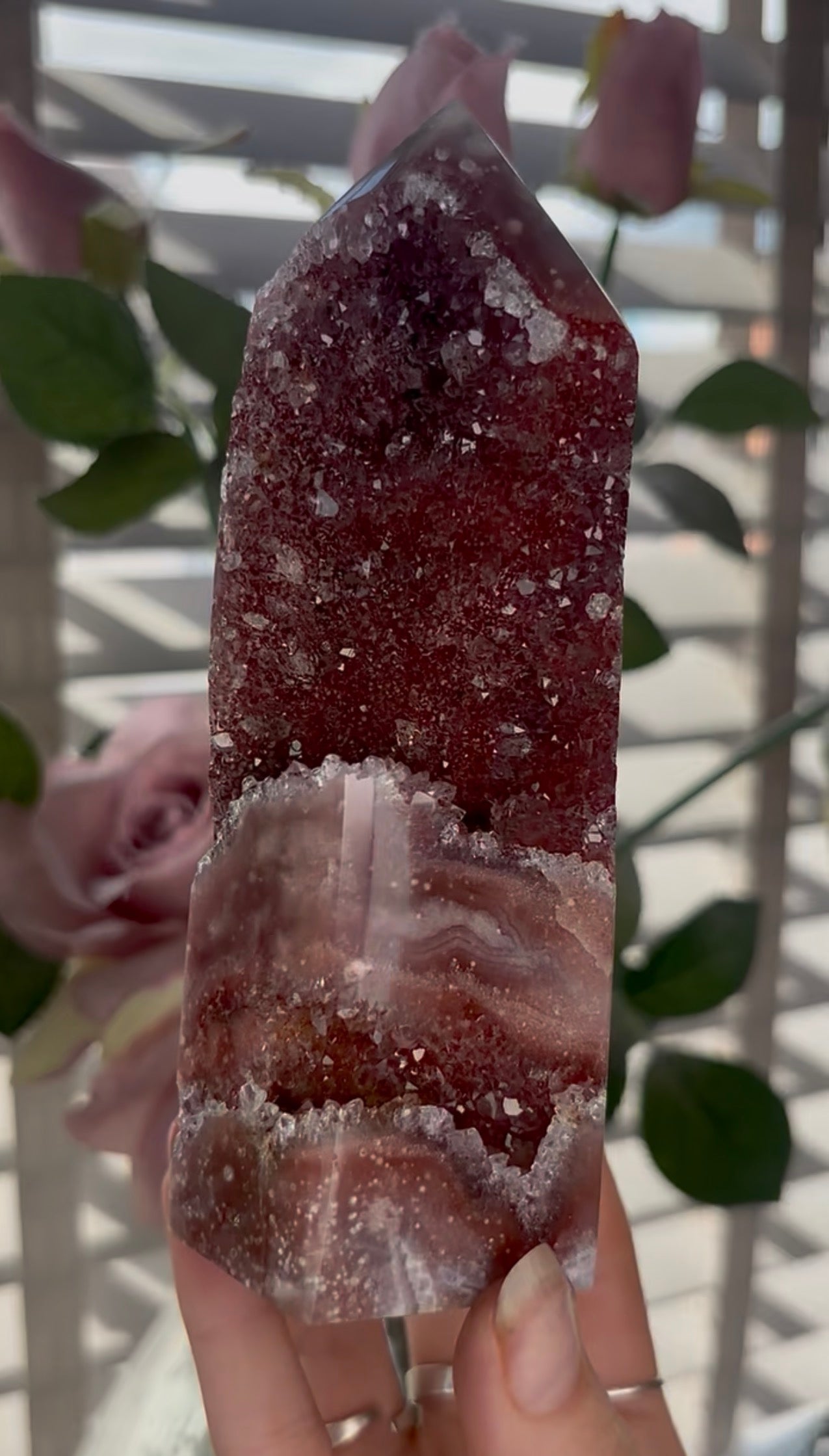 Incredible, high quality, Pink amethyst tower in red tones with sugar druzy