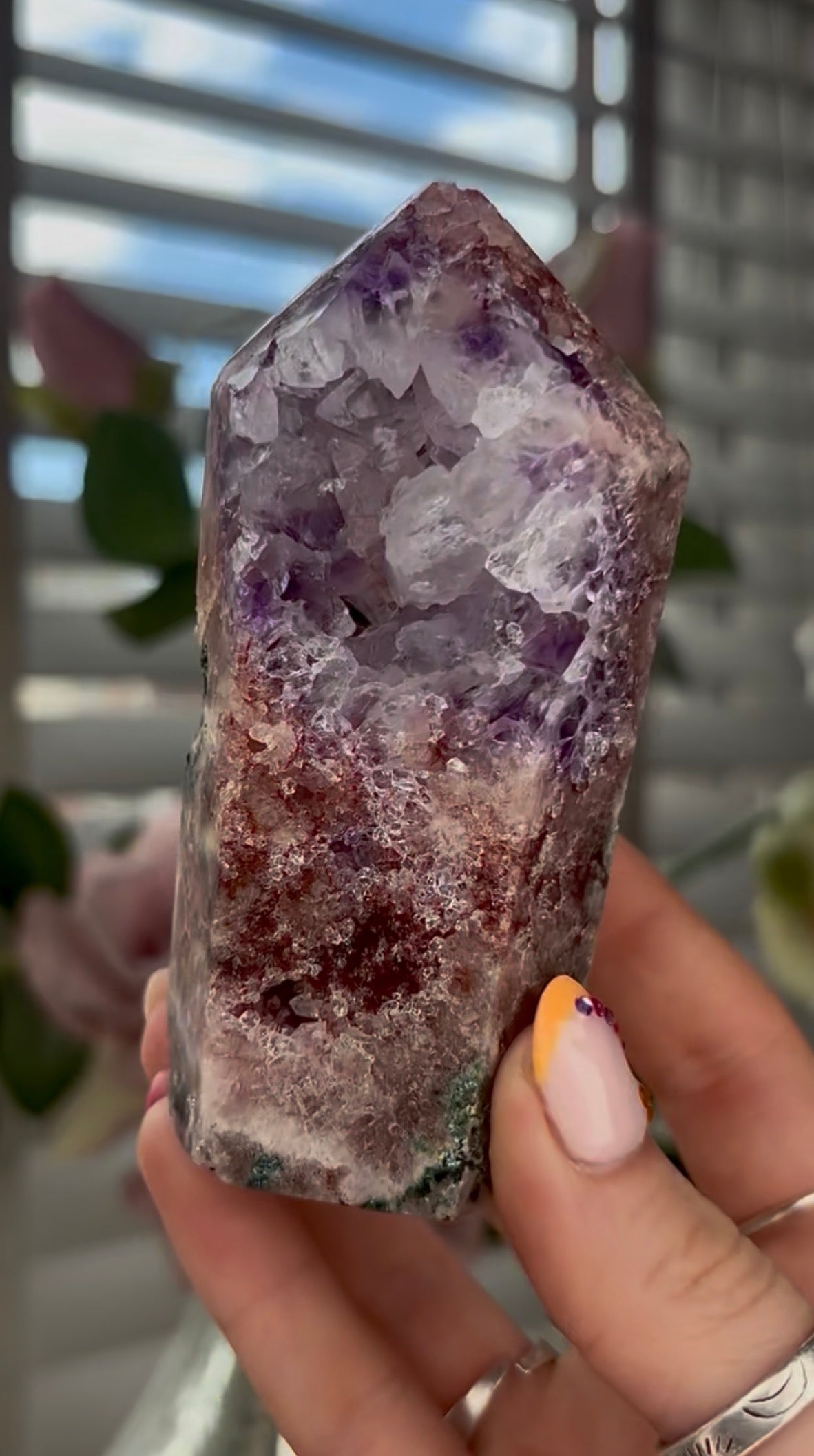 Beautiful, high quality, Pink amethyst tower with purple & quartz druzy with green jasper