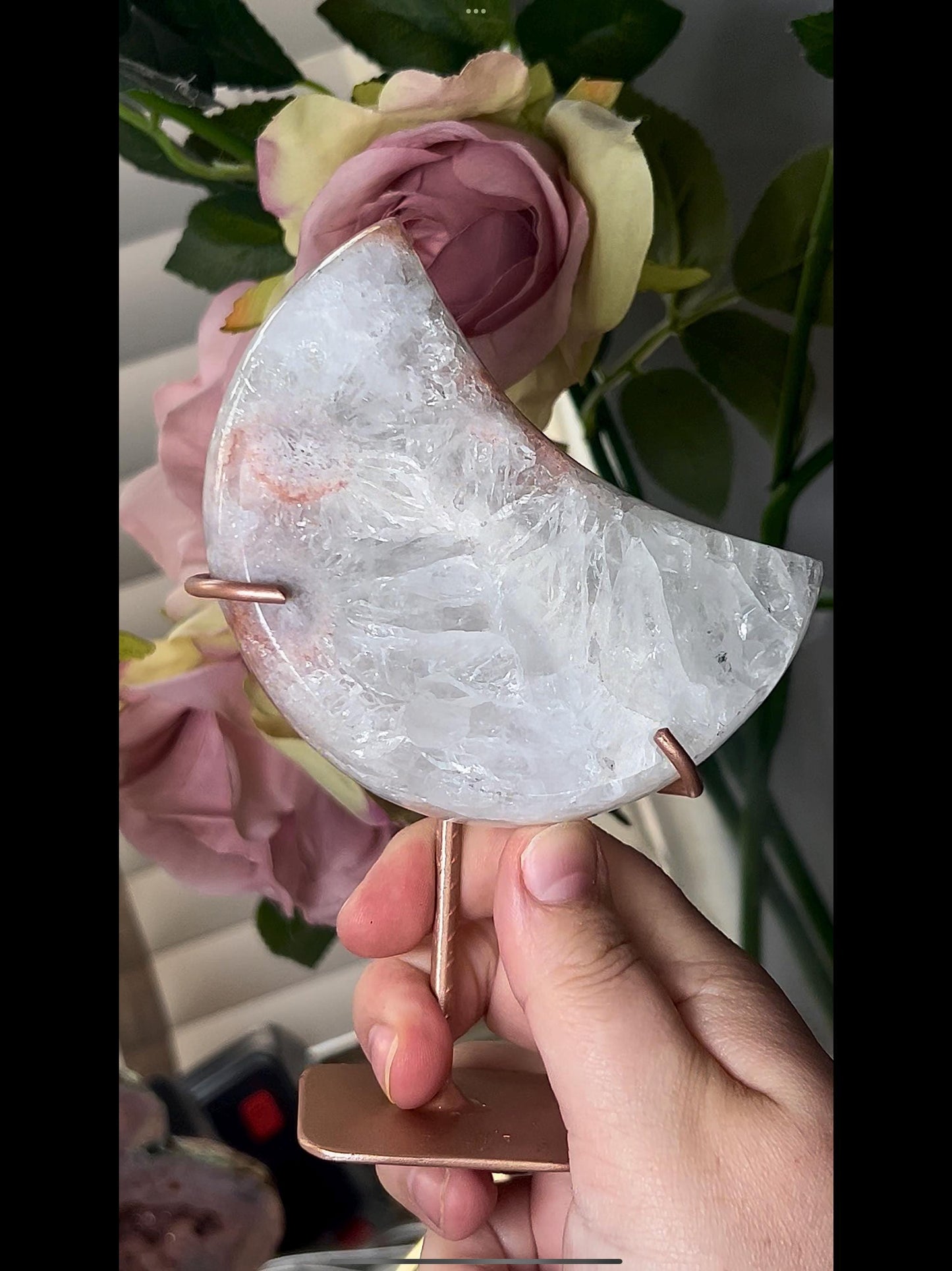 High grade, pink amethyst moon with covered in mostly rainbow quartz 420g