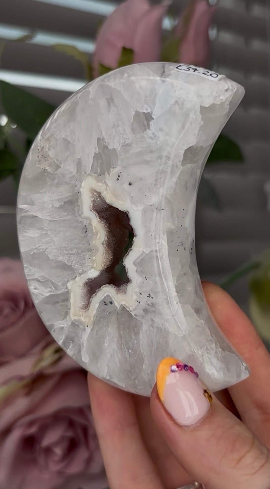 Beautiful, high grade, agate moon with druzy - comes with stand