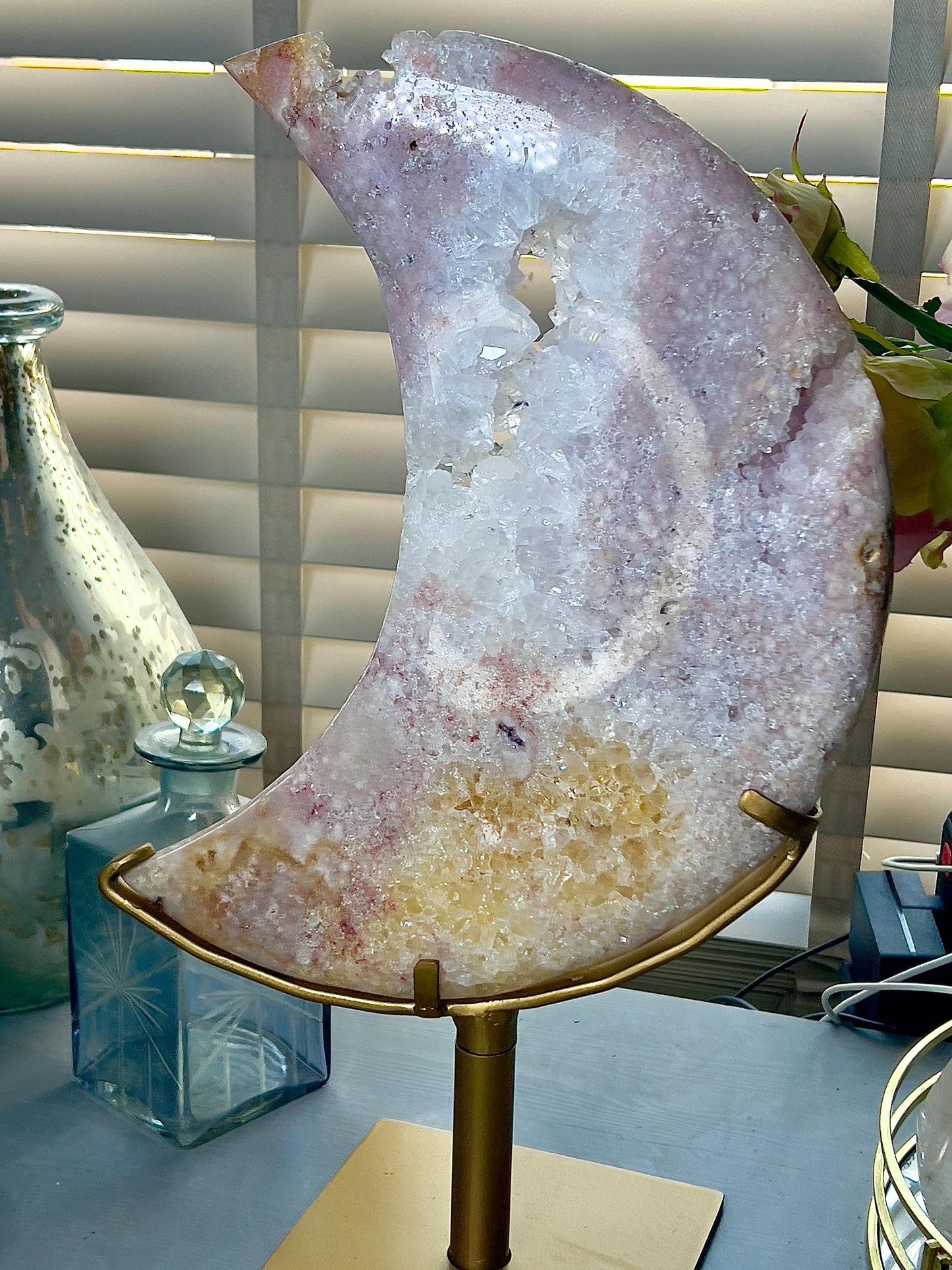 Incredible huge statement, high quality, Pink amethyst, moon with rainbow quartz & citrine inclusion, on spinning stand