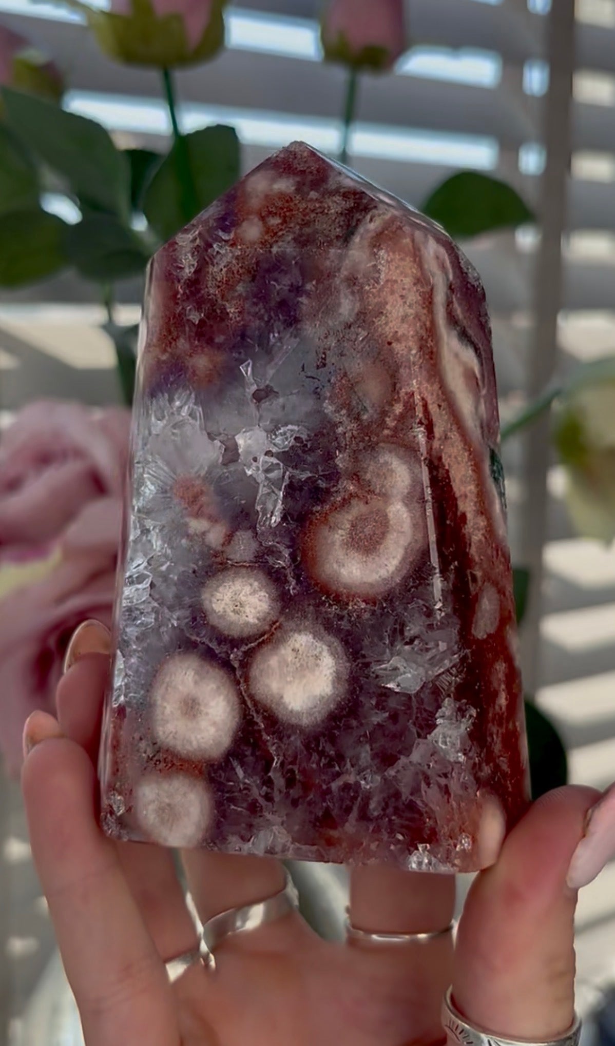 Beautiful, high quality, Pink amethyst tower with red hematite & purple quartz 11.8cm