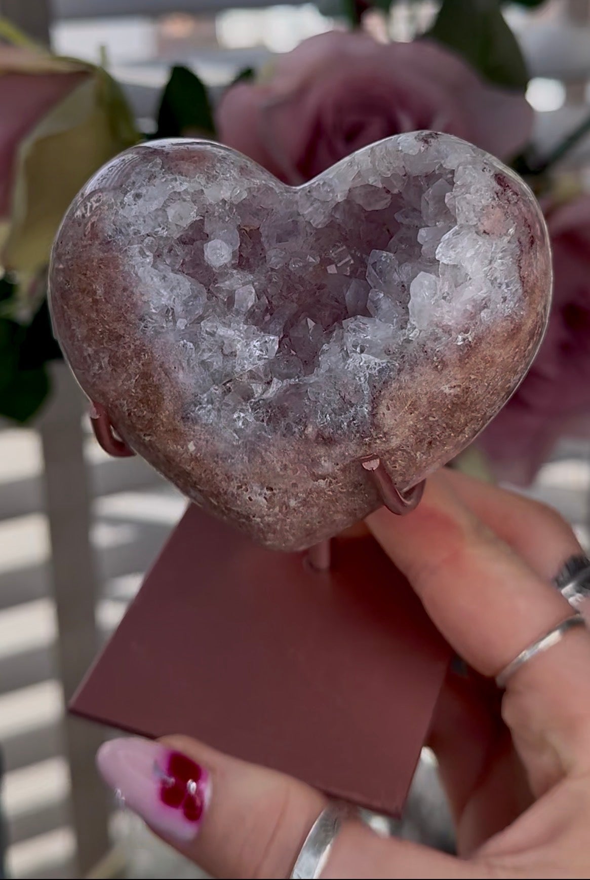 Hq pink amethyst heart with druzy - comes with stand