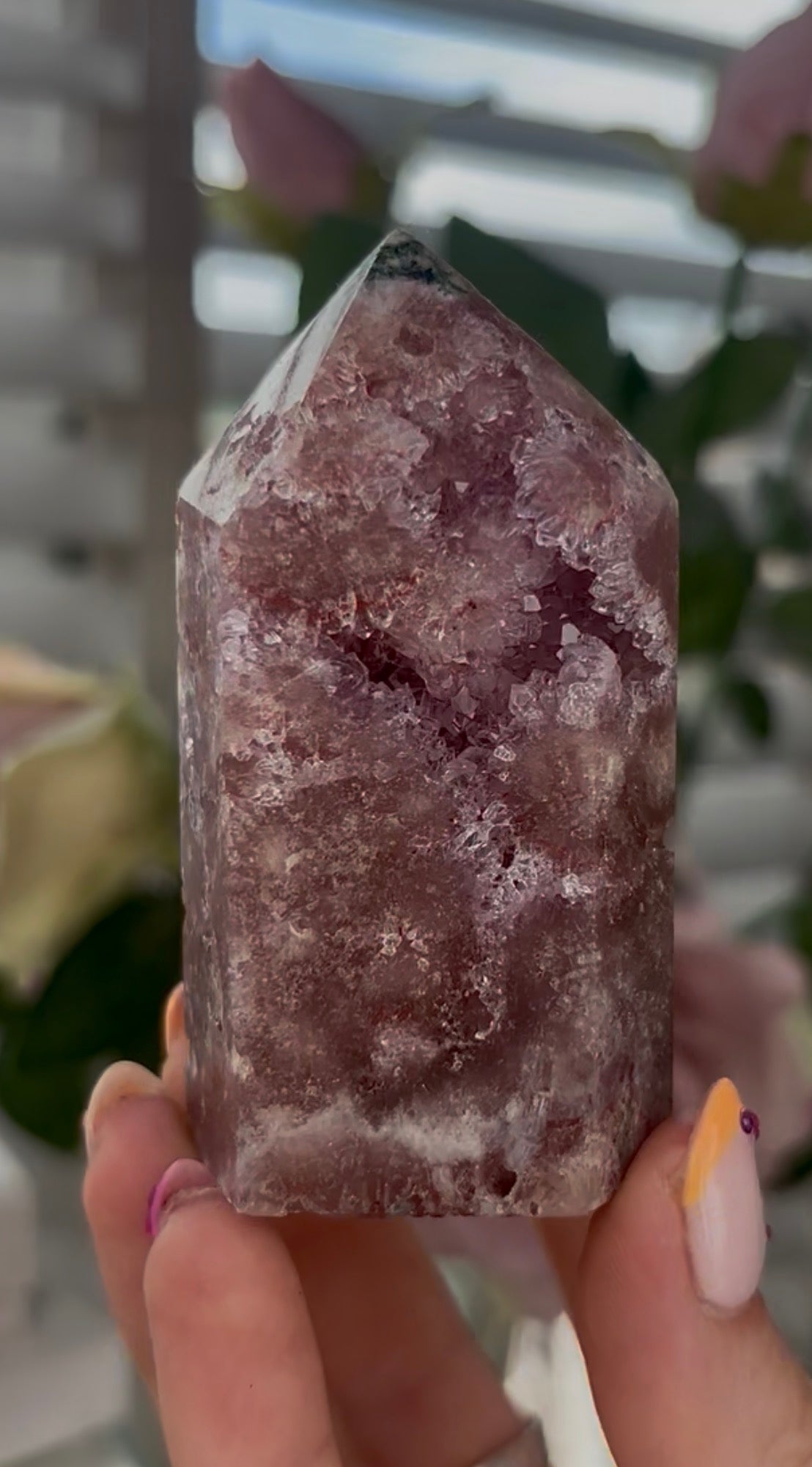 Beautiful, Pink amethyst tower with quartz druzy