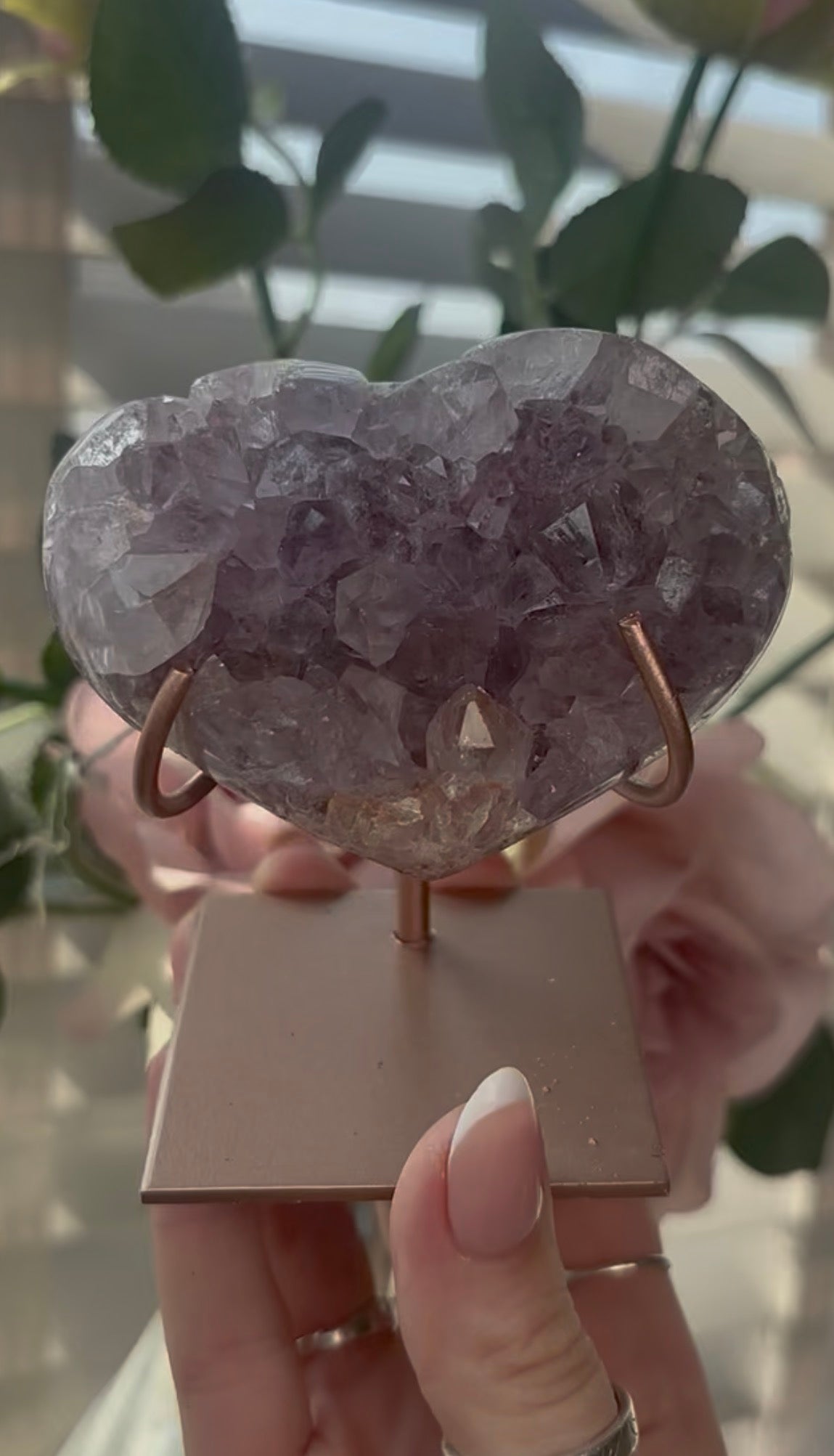 Gorgeous, high quality, pink amethyst heart with lilac quartz  - comes with stand