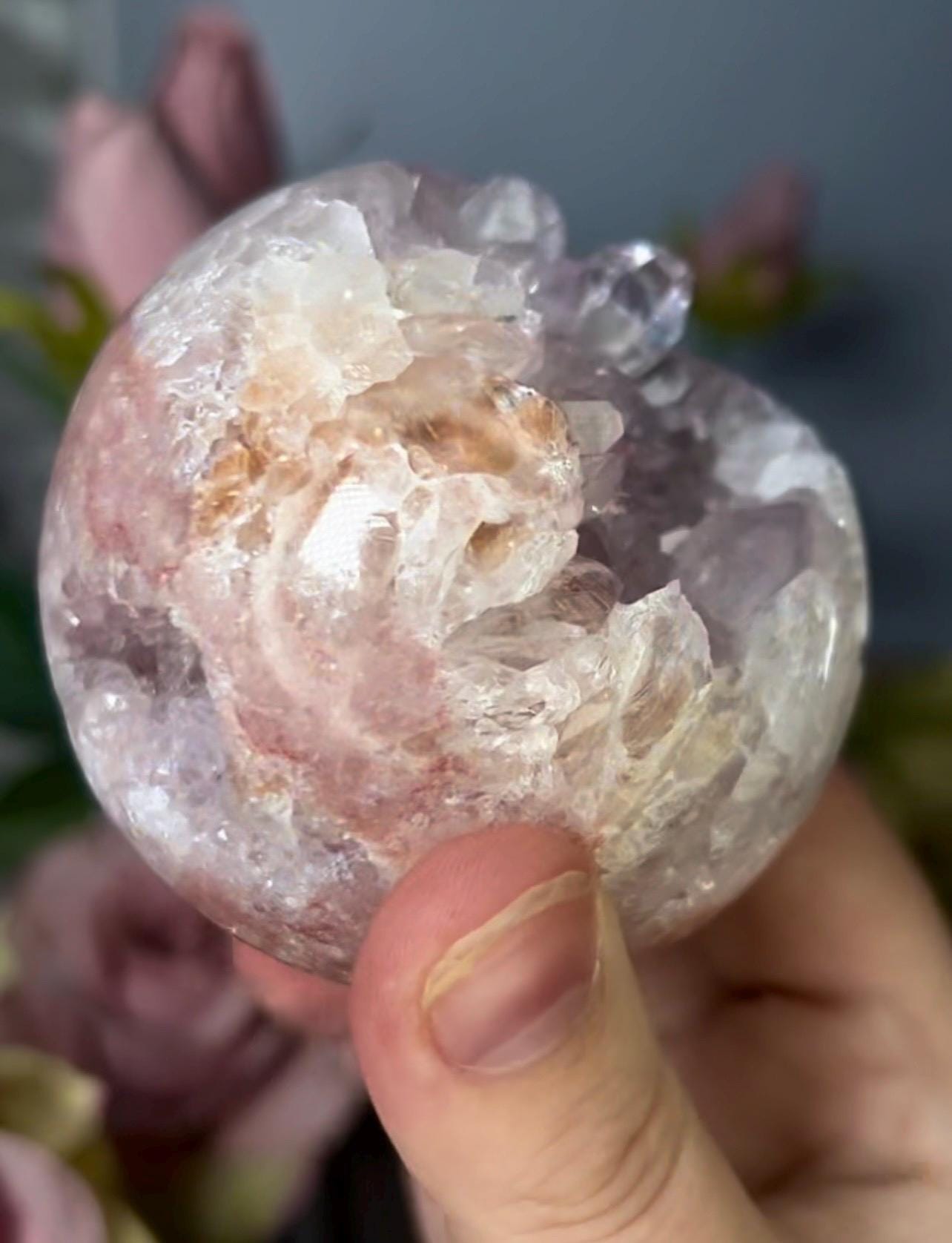 High grade, pink amethyst sphere with high clarity, rainbow, quartz teeth 429g