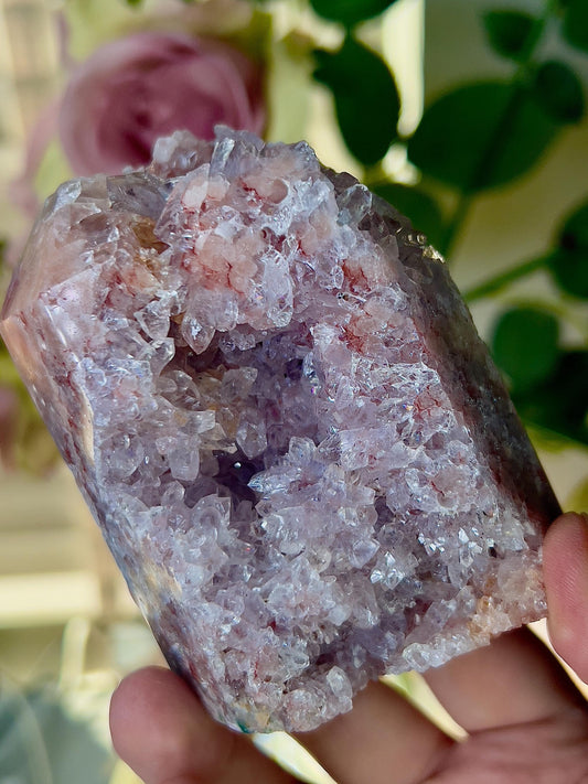 High grade, pink amethyst tower with high grade quartz druzy 370g