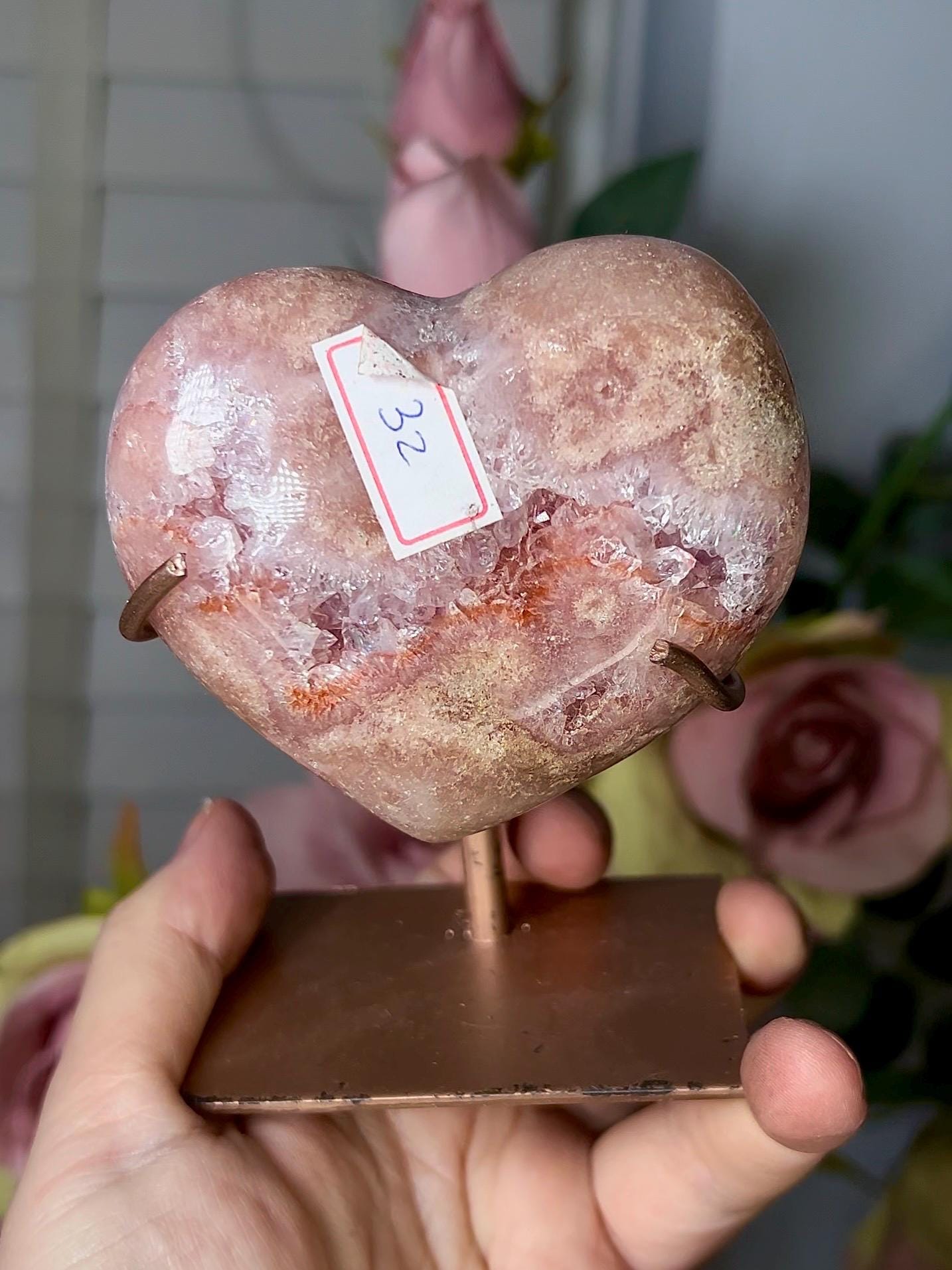 High grade, pink amethyst heart with purple quartz & hematite lining with stand