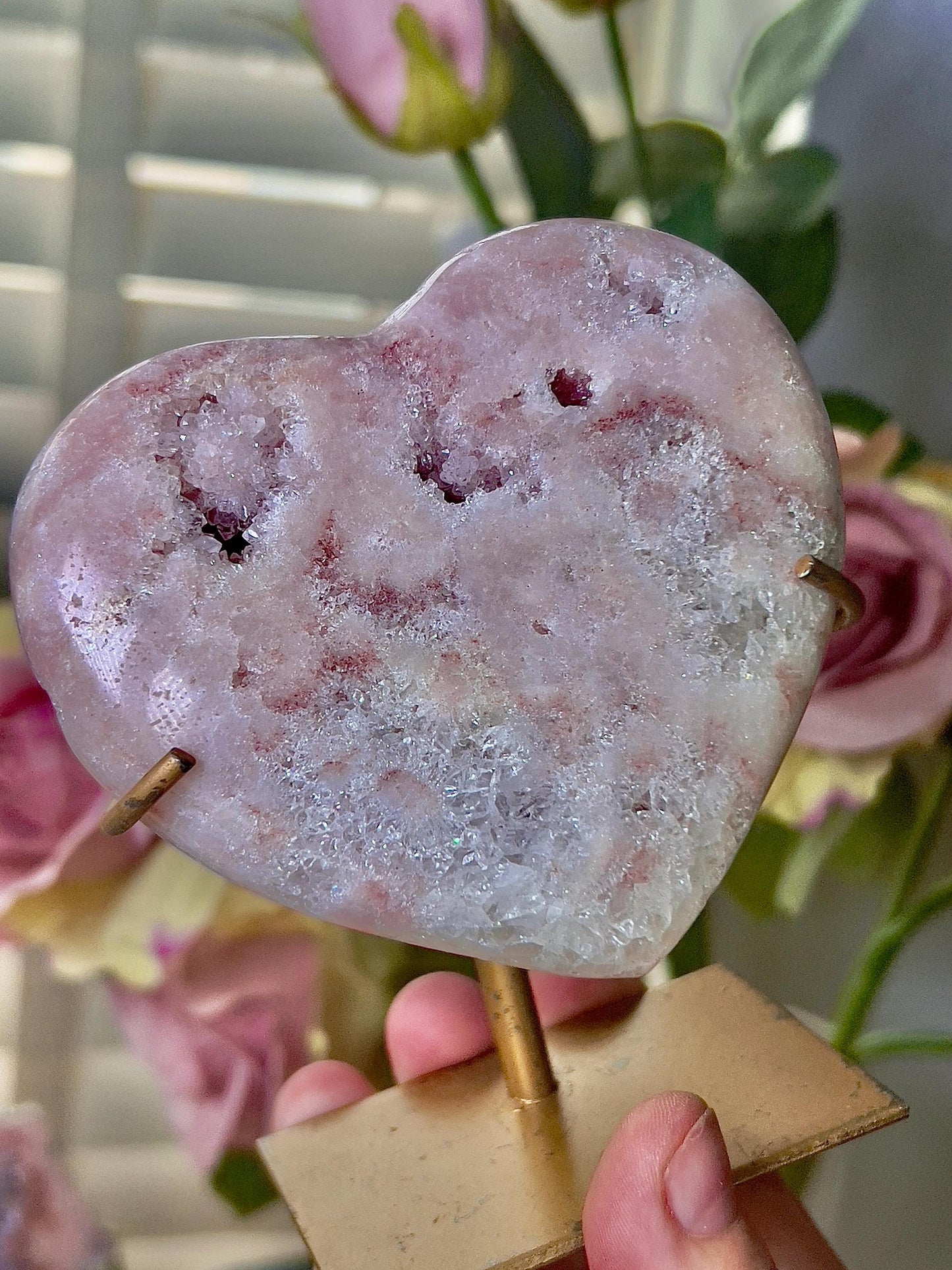 Pink amethyst heart with quartz druzy and stand which has scratches (discount added) can easily be repainted