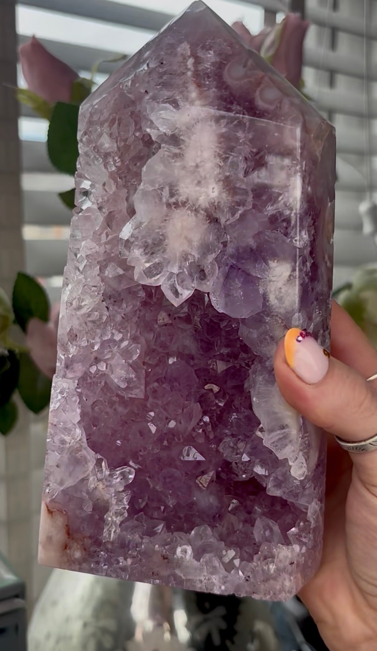 Beautiful, large, high quality, Pink amethyst tower with lilac tone quartz 20.5cm by 11cm