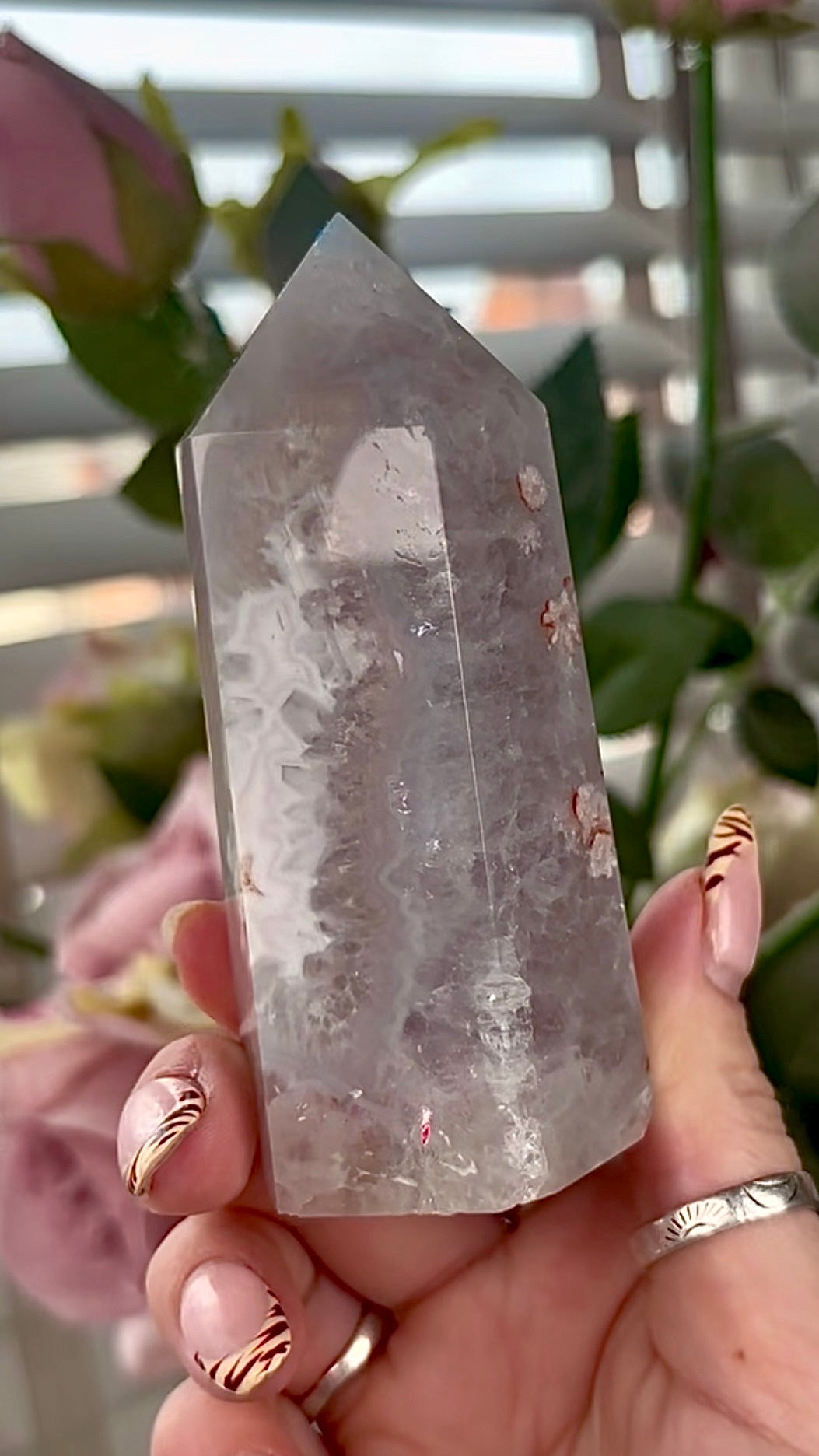 Stunning!! Super high quality, Druzy, green chlorite x blue flower agate tower