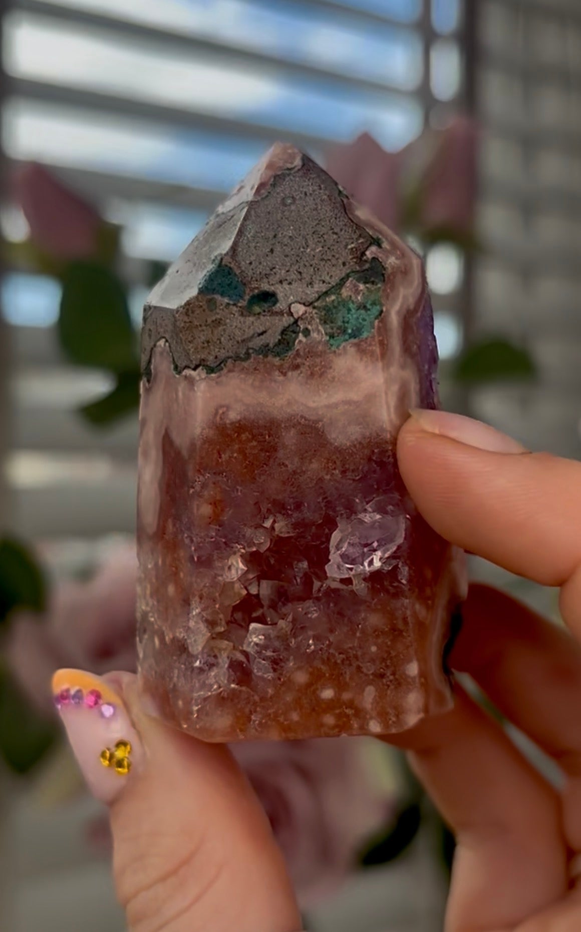 Beautiful, high quality, Pink amethyst tower with purple druzy & green jasper 6.8cm by 4cm