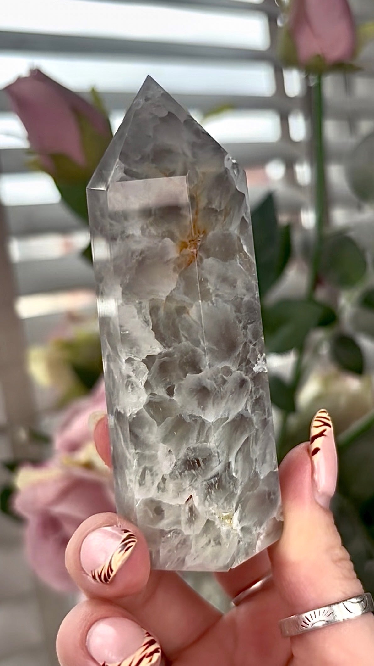Stunning!! Super high quality, Druzy, green chlorite x blue flower agate tower