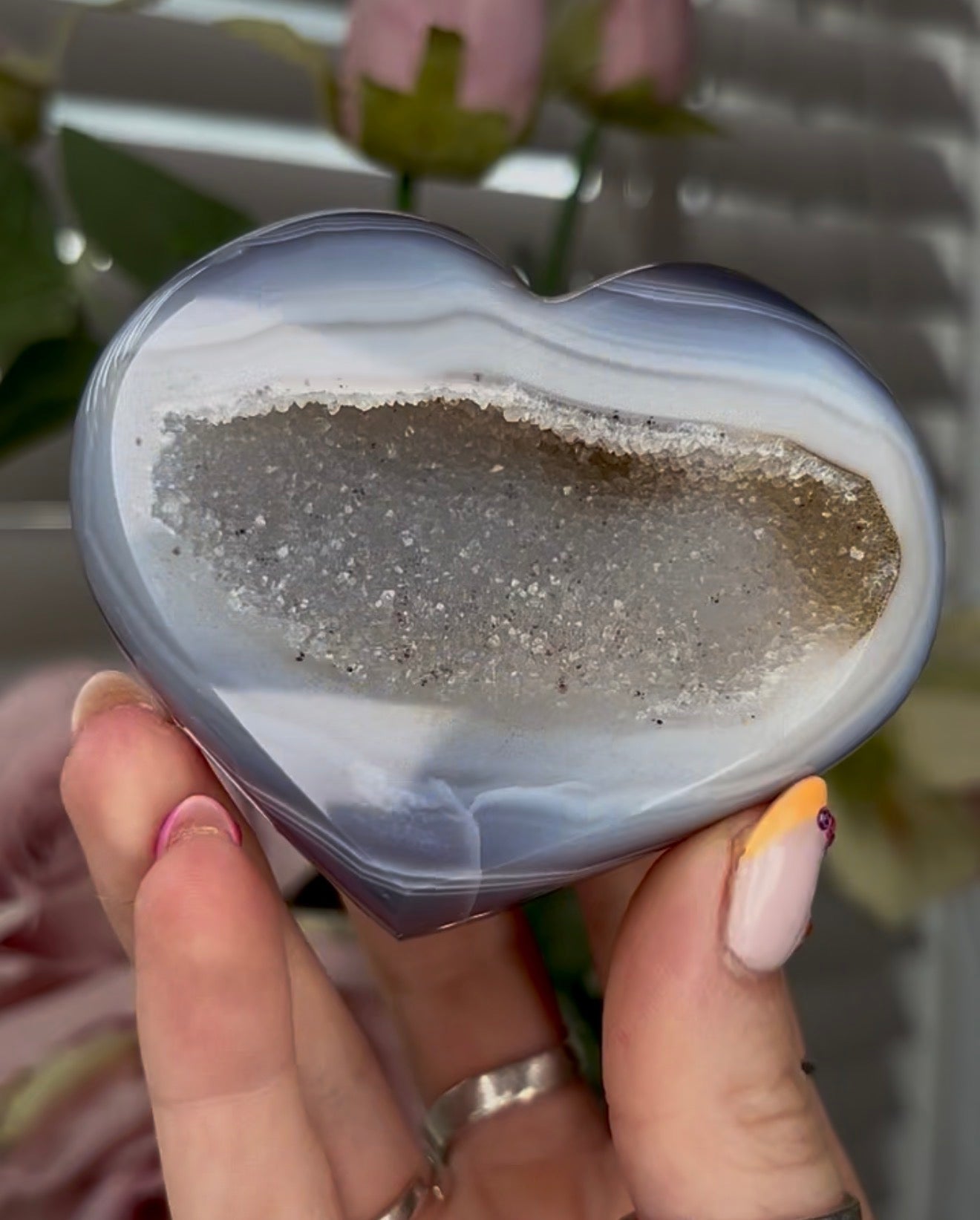 Beautiful, high grade, blue agate heart with druzy - comes with stand