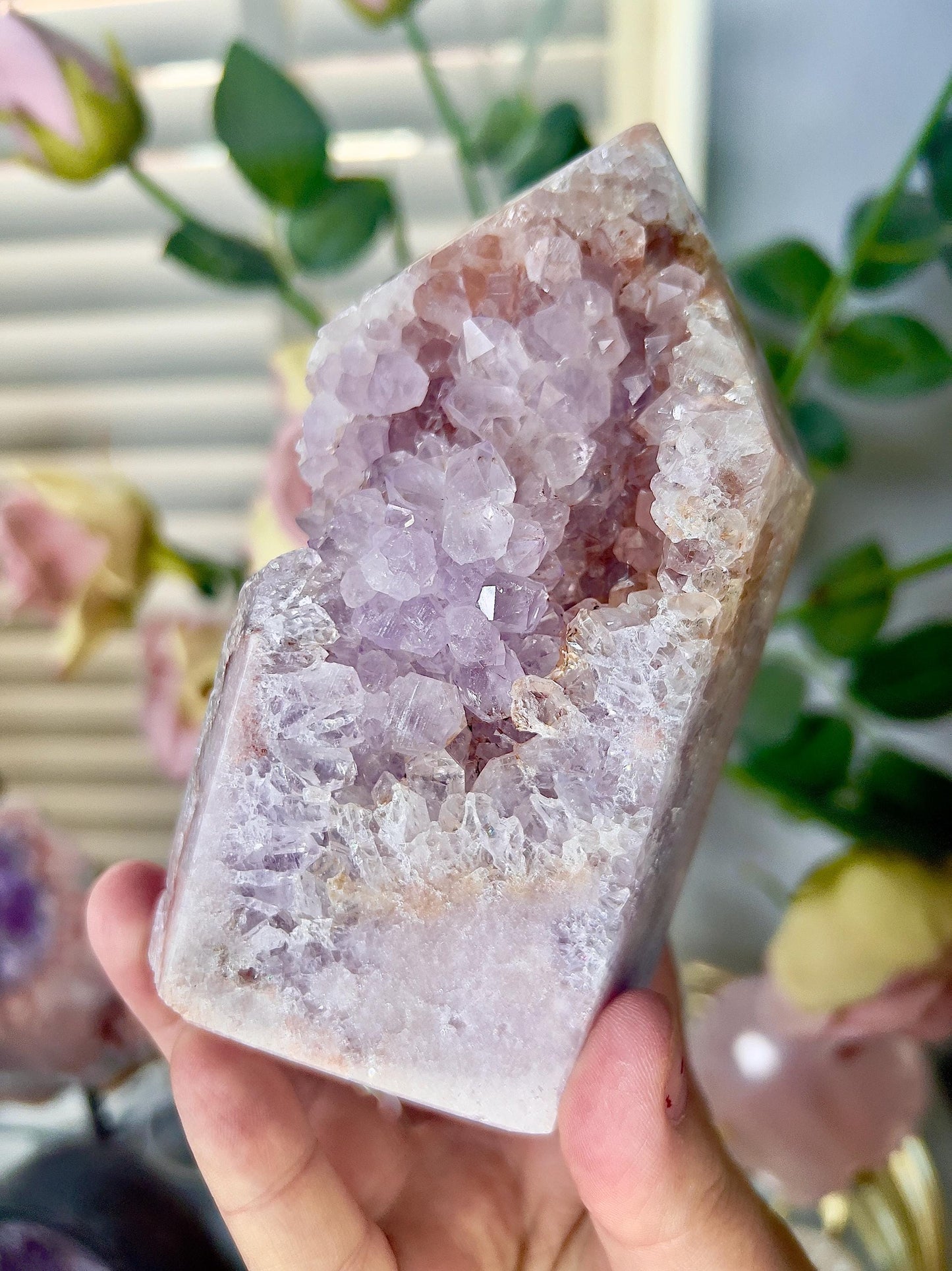 pink amethyst, Chonky with quartz druzy tower 640g
