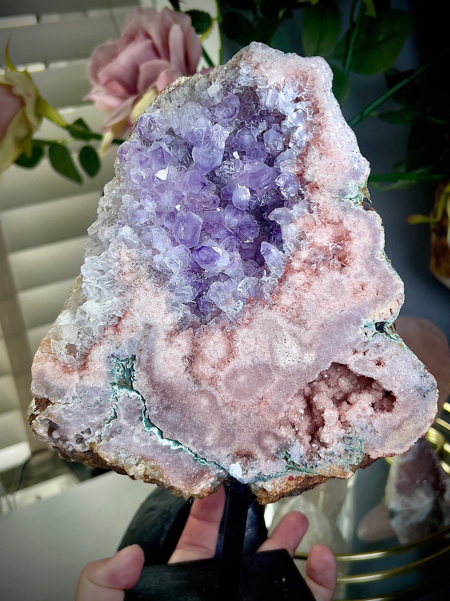 Extra high grade, pink amethyst slab on stand with purple quartz