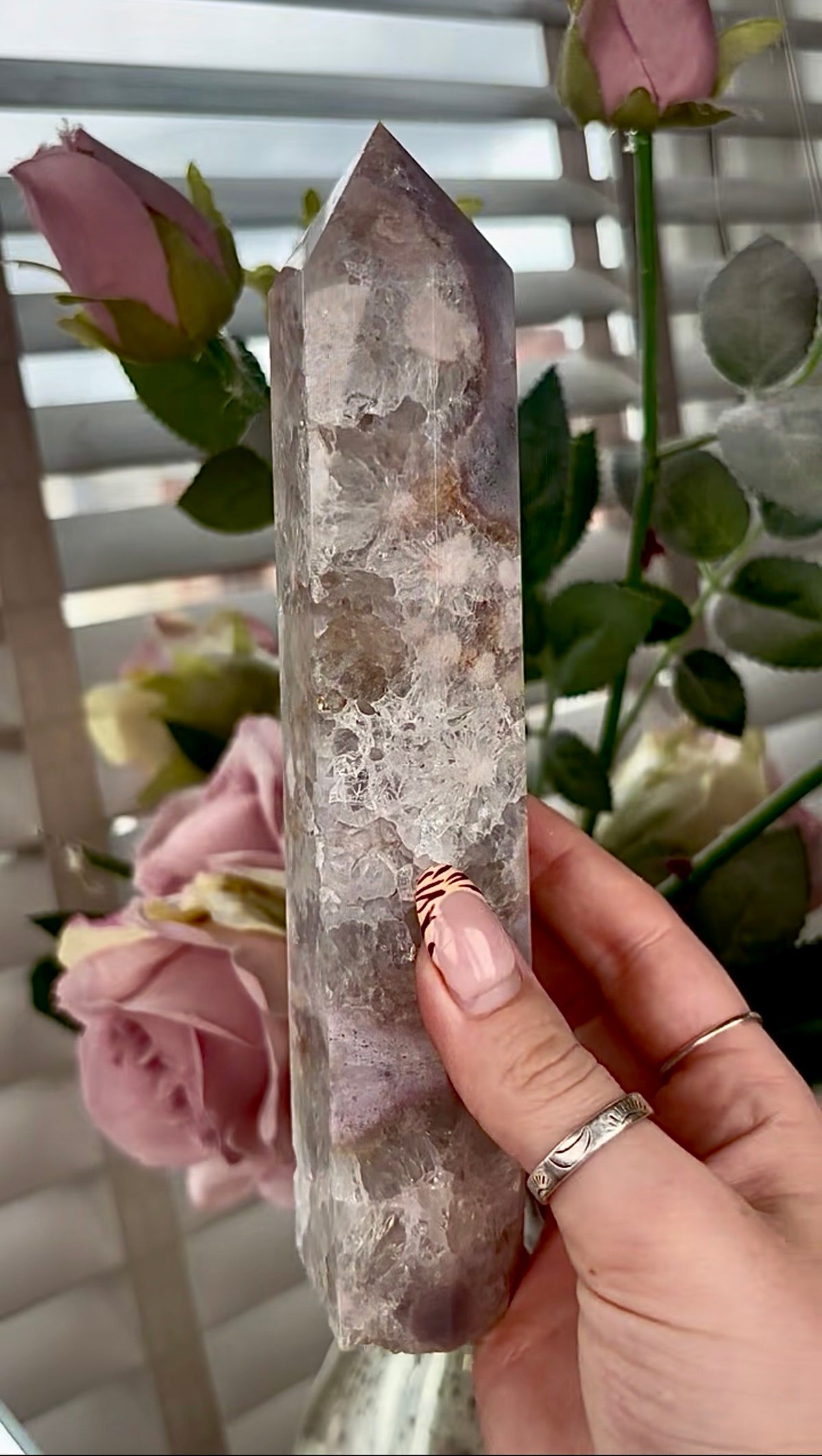 Stunning!! Super high quality, Druzy, green chlorite x blue flower agate tower
