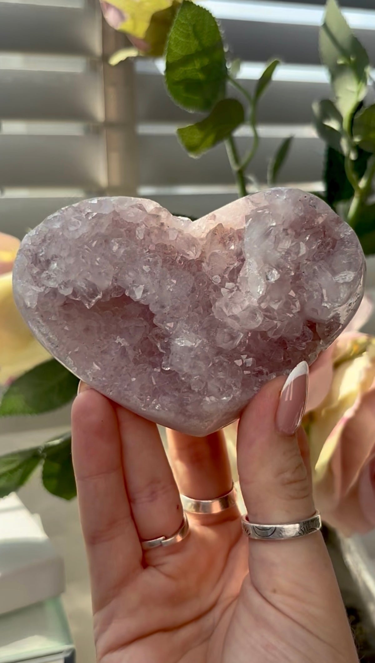 Gorgeous,  druzy pink amethyst heart- comes with stand
