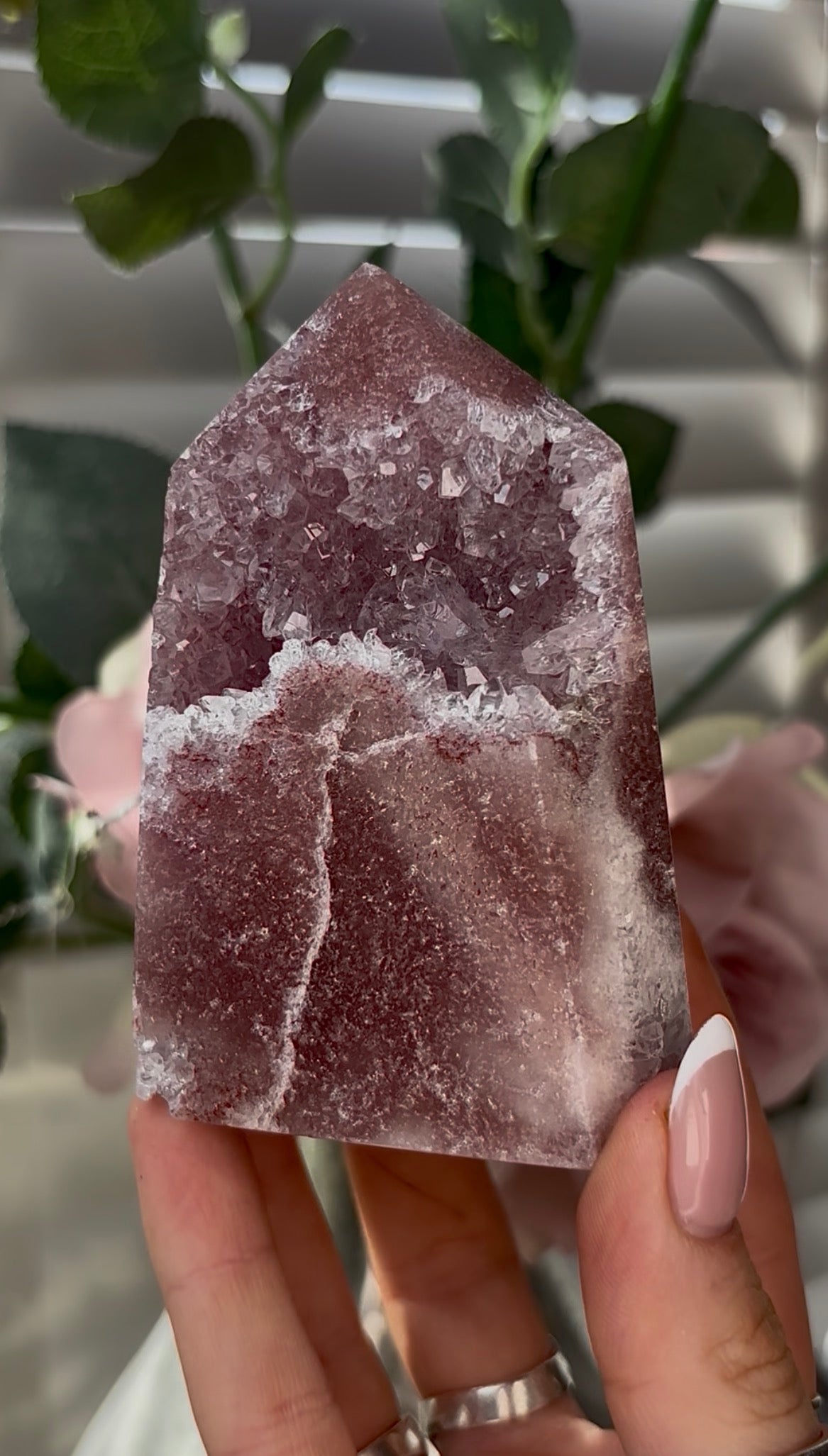 Beautiful, hq, druzy, Pink amethyst tower 9cm(h) by 6.4cm(w)