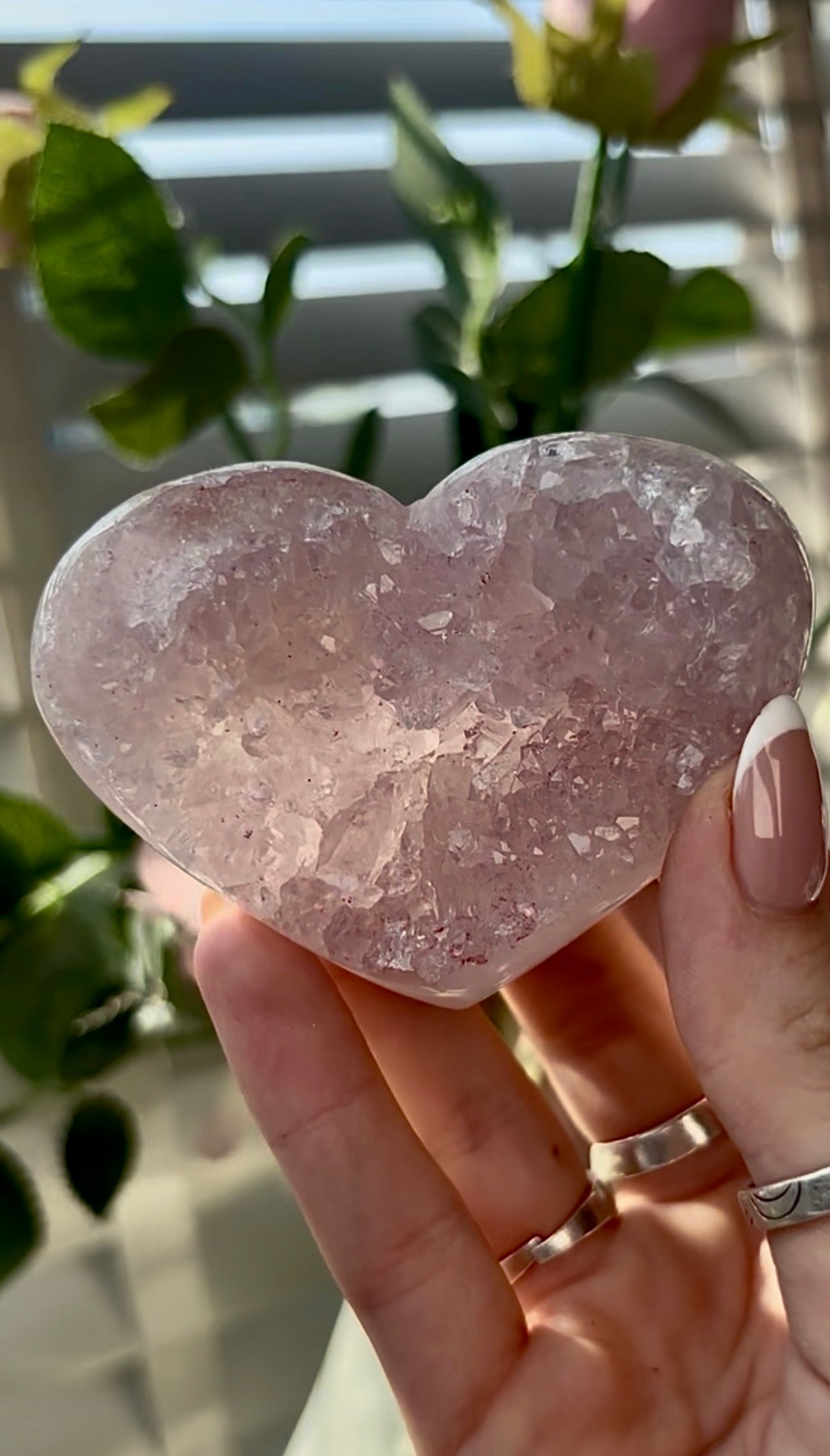Gorgeous, high quality, pink amethyst quartz heart- comes with stand